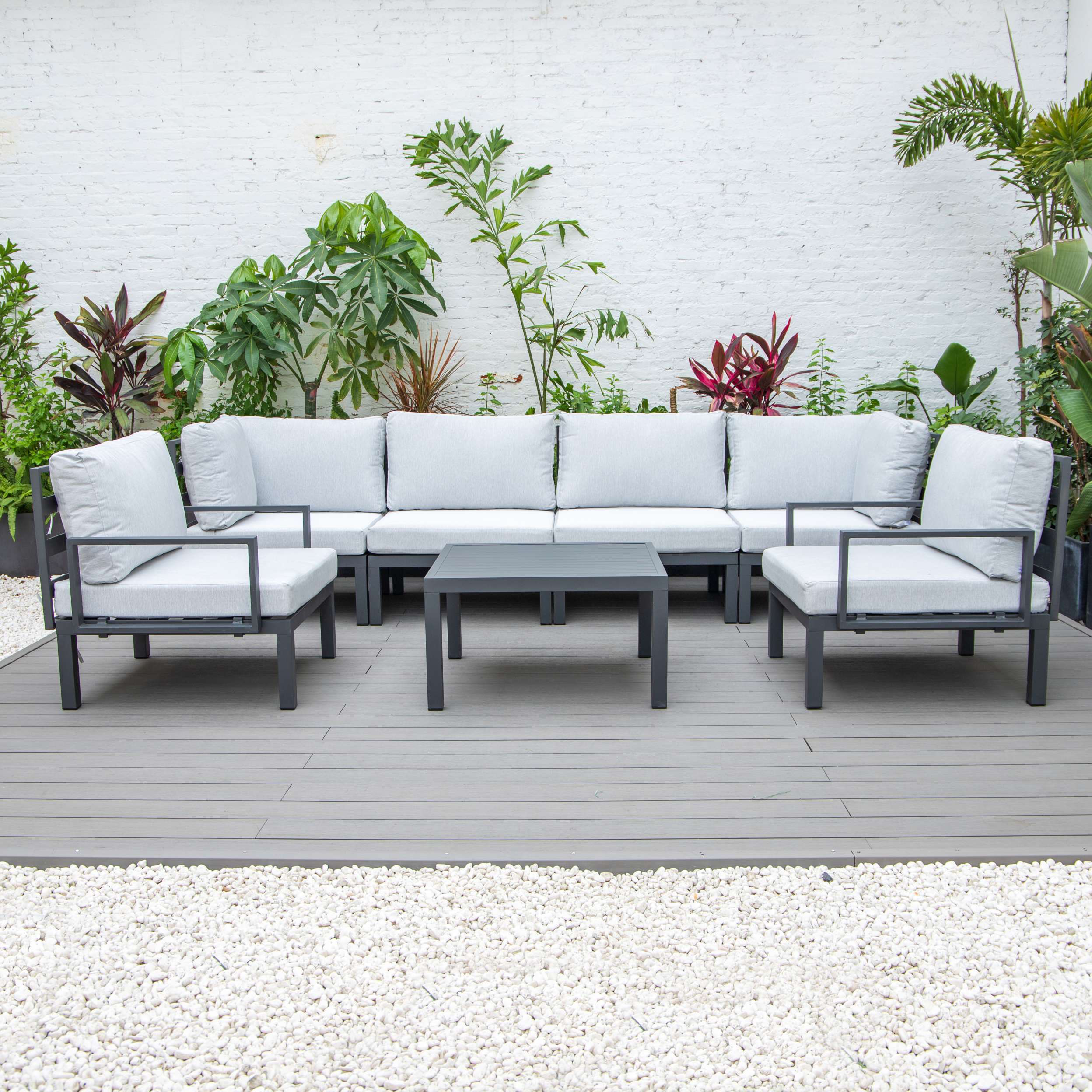 LeisureMod Hamilton 7-Piece Aluminum Patio Conversation Set With Coffee Table And Cushions - Image 64