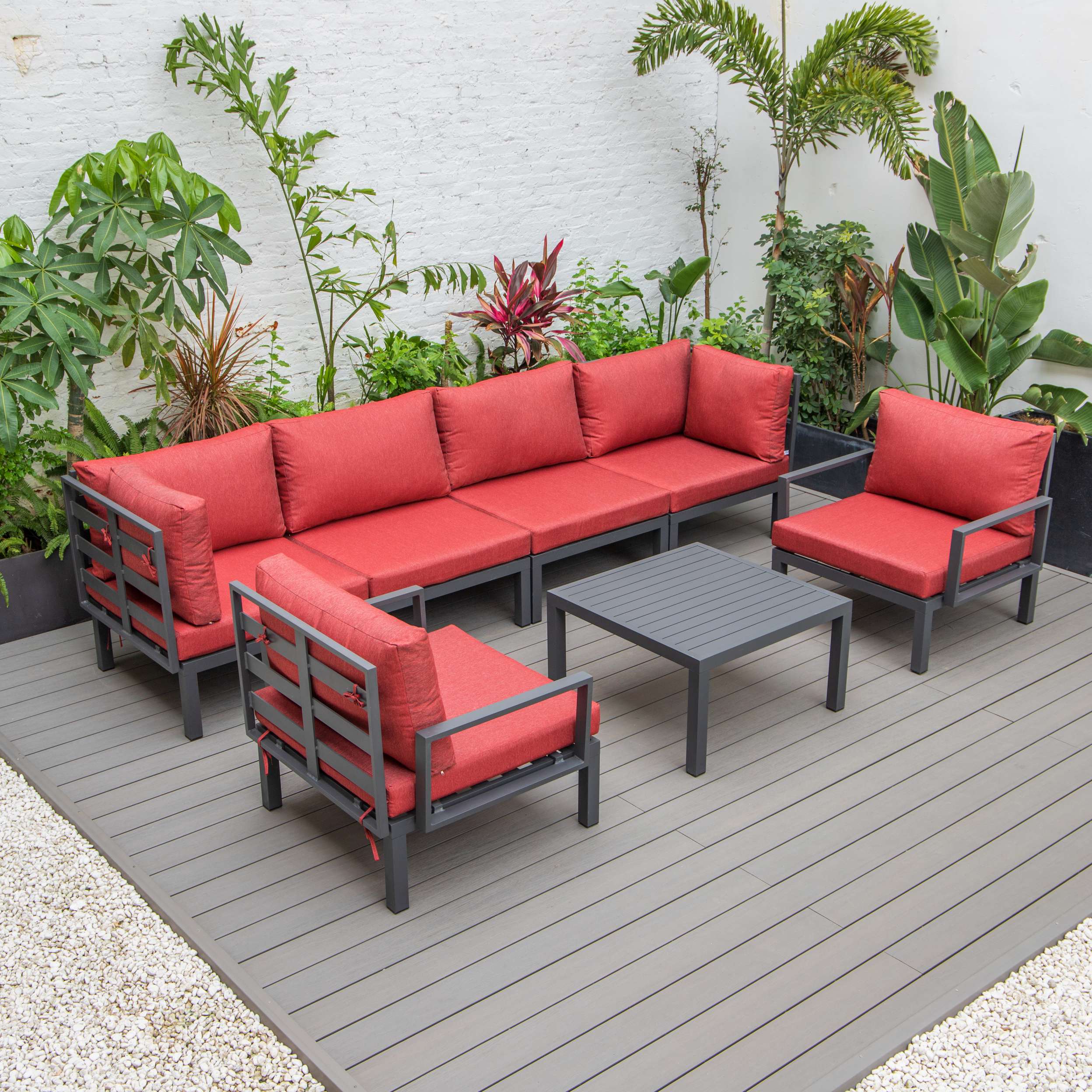 LeisureMod Hamilton 7-Piece Aluminum Patio Conversation Set With Coffee Table And Cushions - Image 89