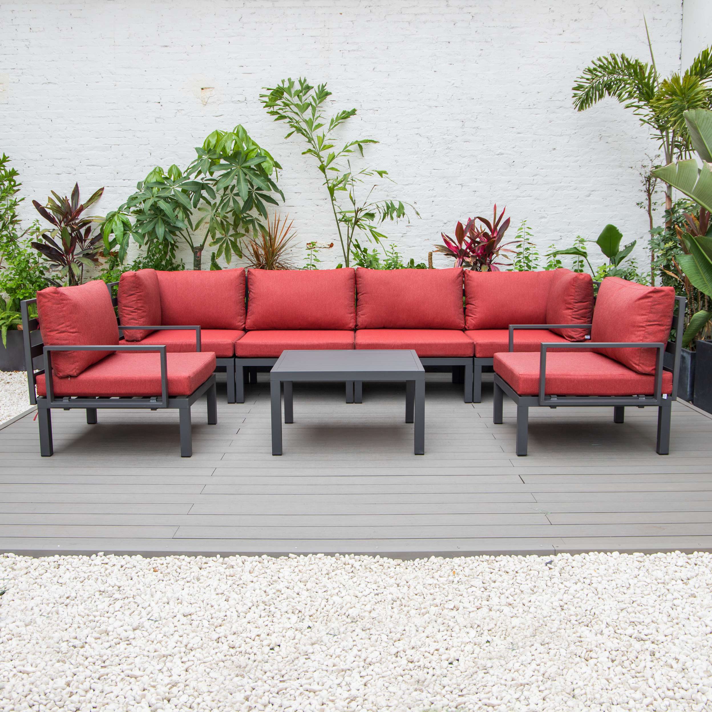 LeisureMod Hamilton 7-Piece Aluminum Patio Conversation Set With Coffee Table And Cushions - Image 90