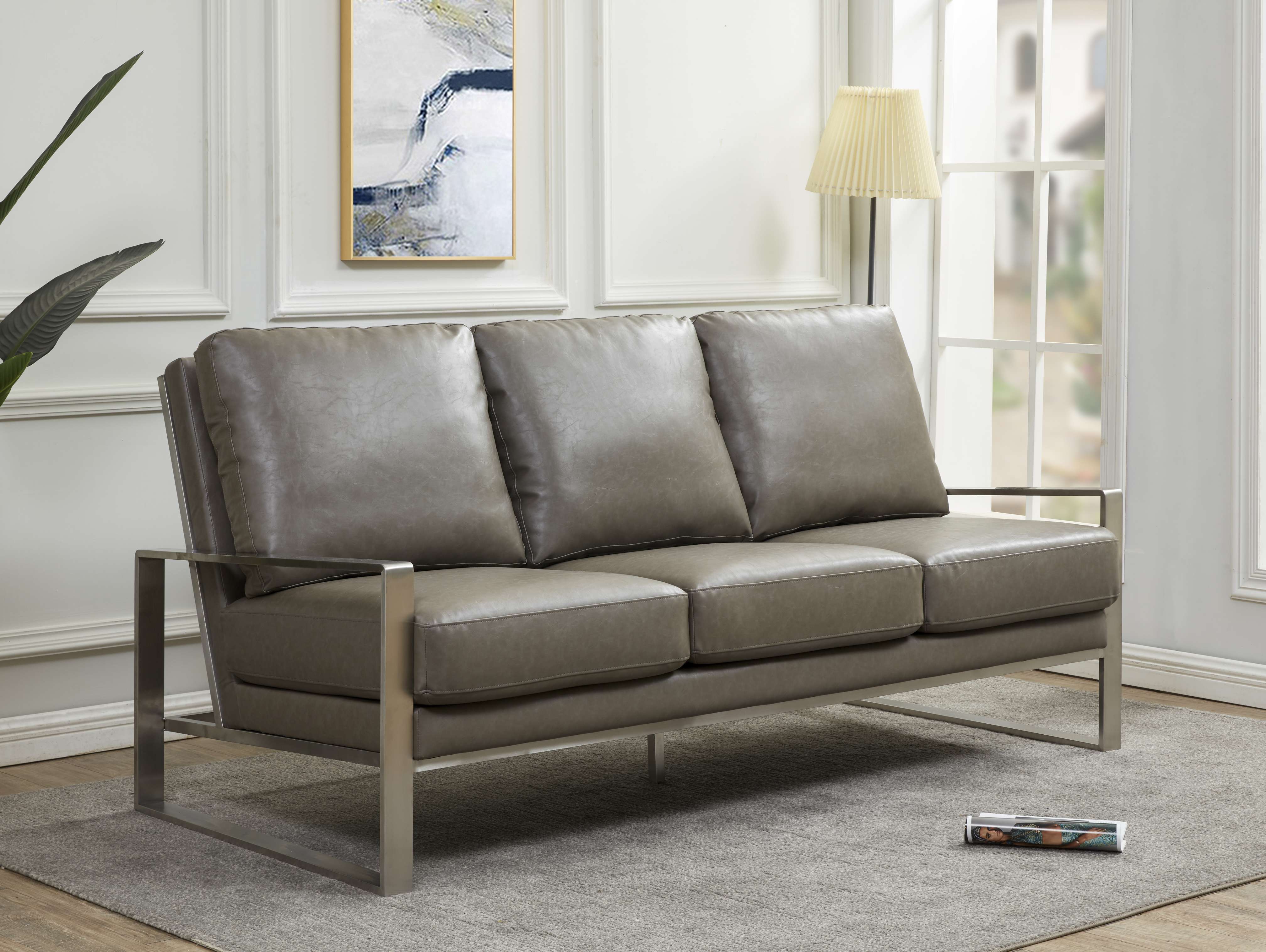 LeisureMod Jefferson Contemporary Modern Design Leather Sofa With Silver Frame - Image 15