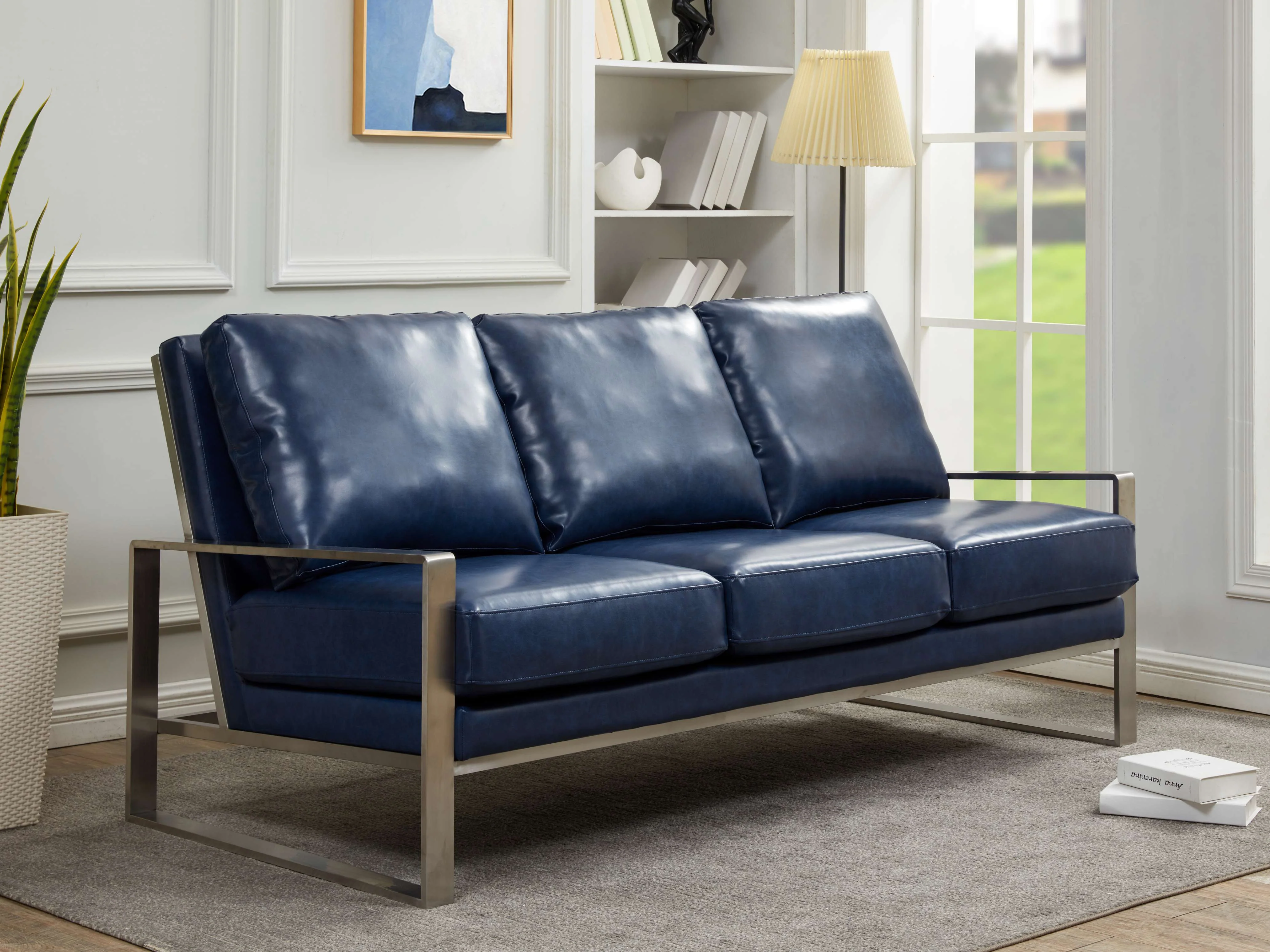 LeisureMod Jefferson Contemporary Modern Design Leather Sofa With Silver Frame - Image 23