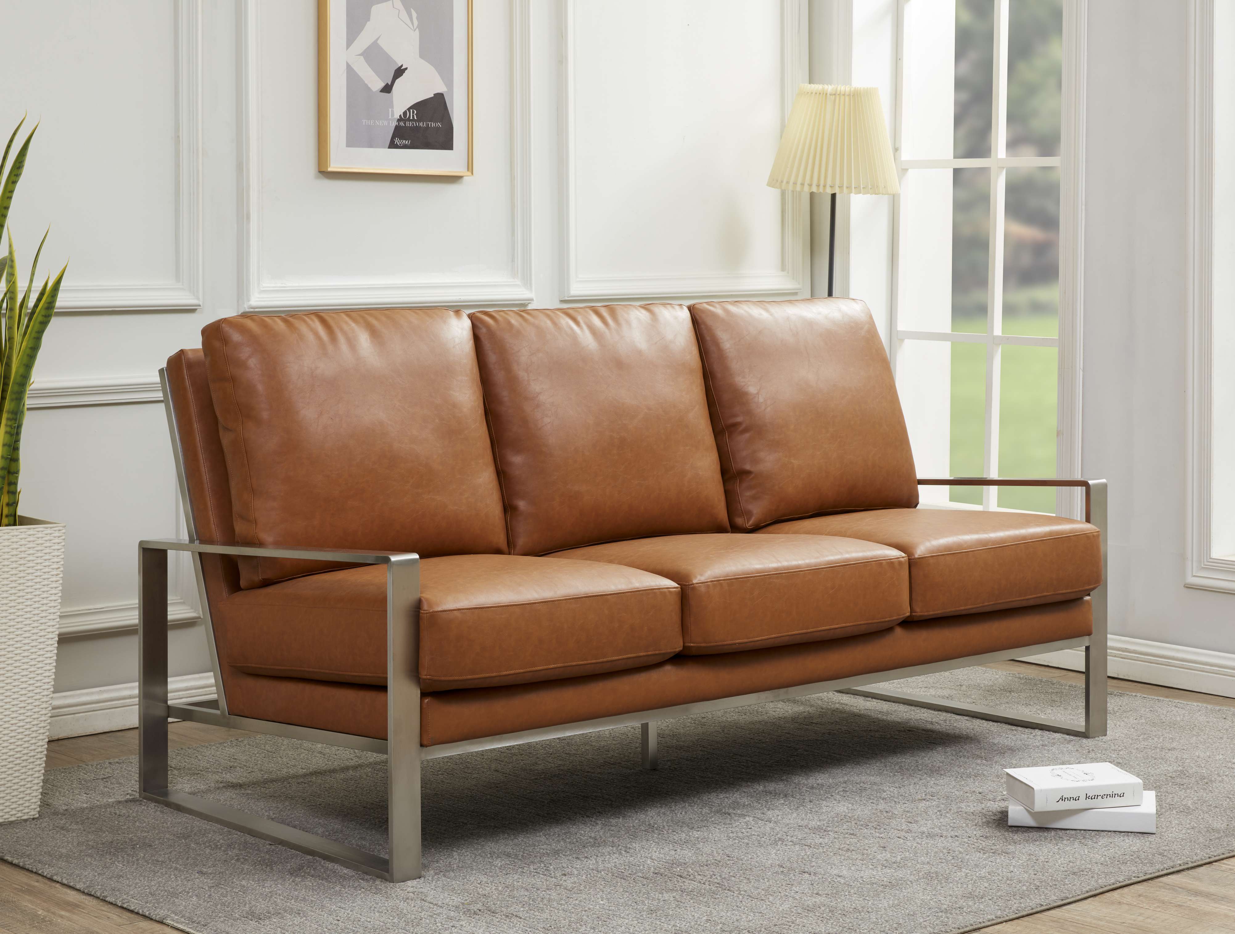 LeisureMod Jefferson Contemporary Modern Design Leather Sofa With Silver Frame - Image 9