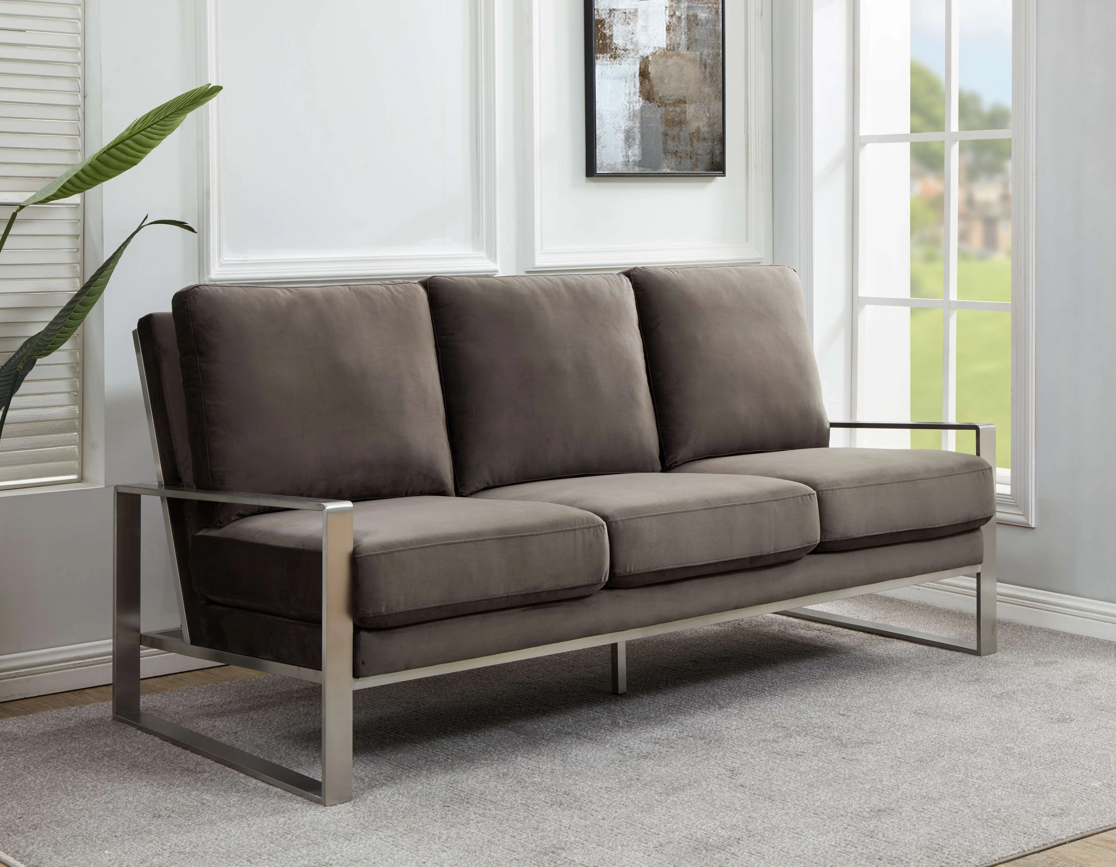 LeisureMod Jefferson Contemporary Modern Design Velvet Sofa With Silver Frame - Image 15