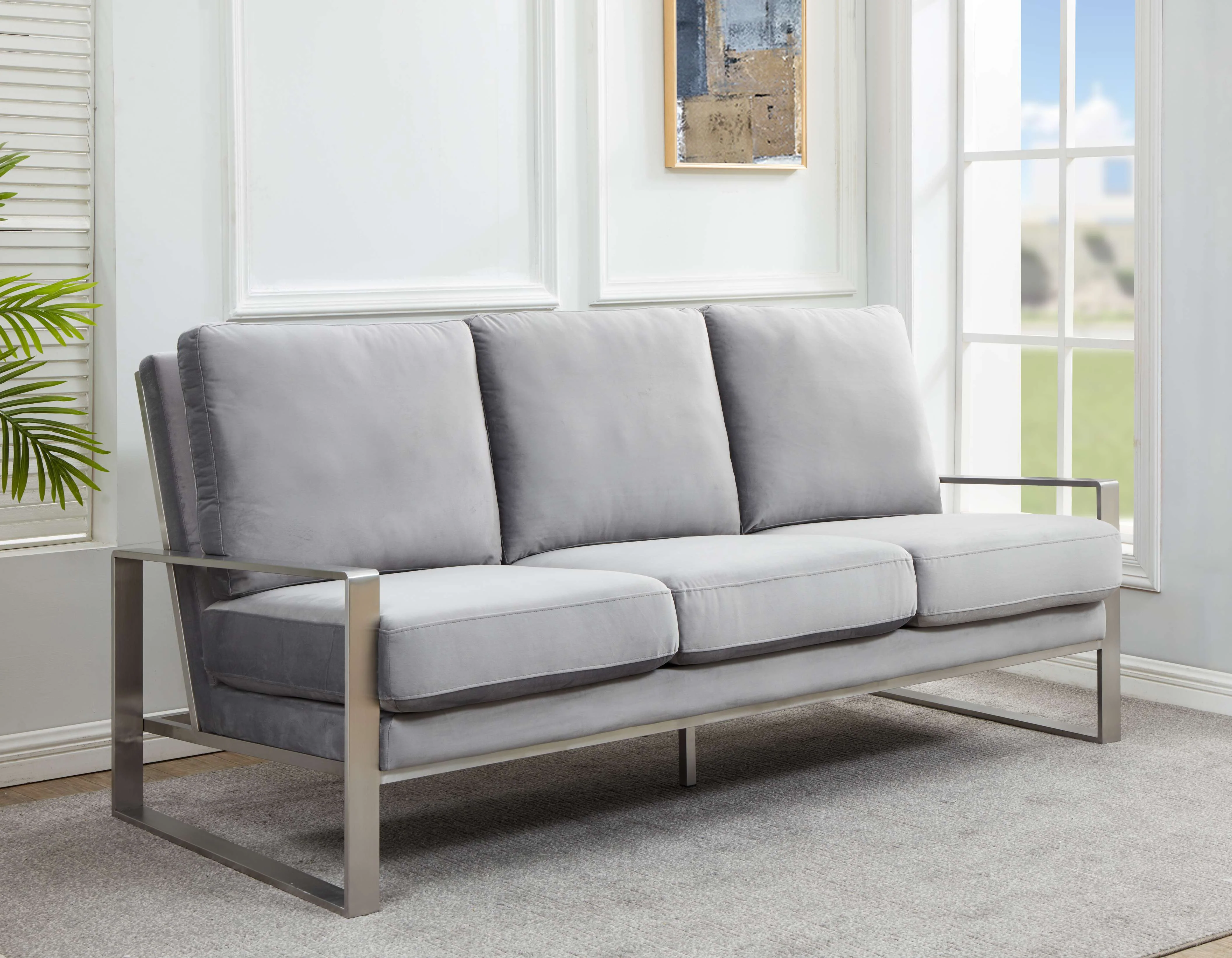 LeisureMod Jefferson Contemporary Modern Design Velvet Sofa With Silver Frame - Image 22