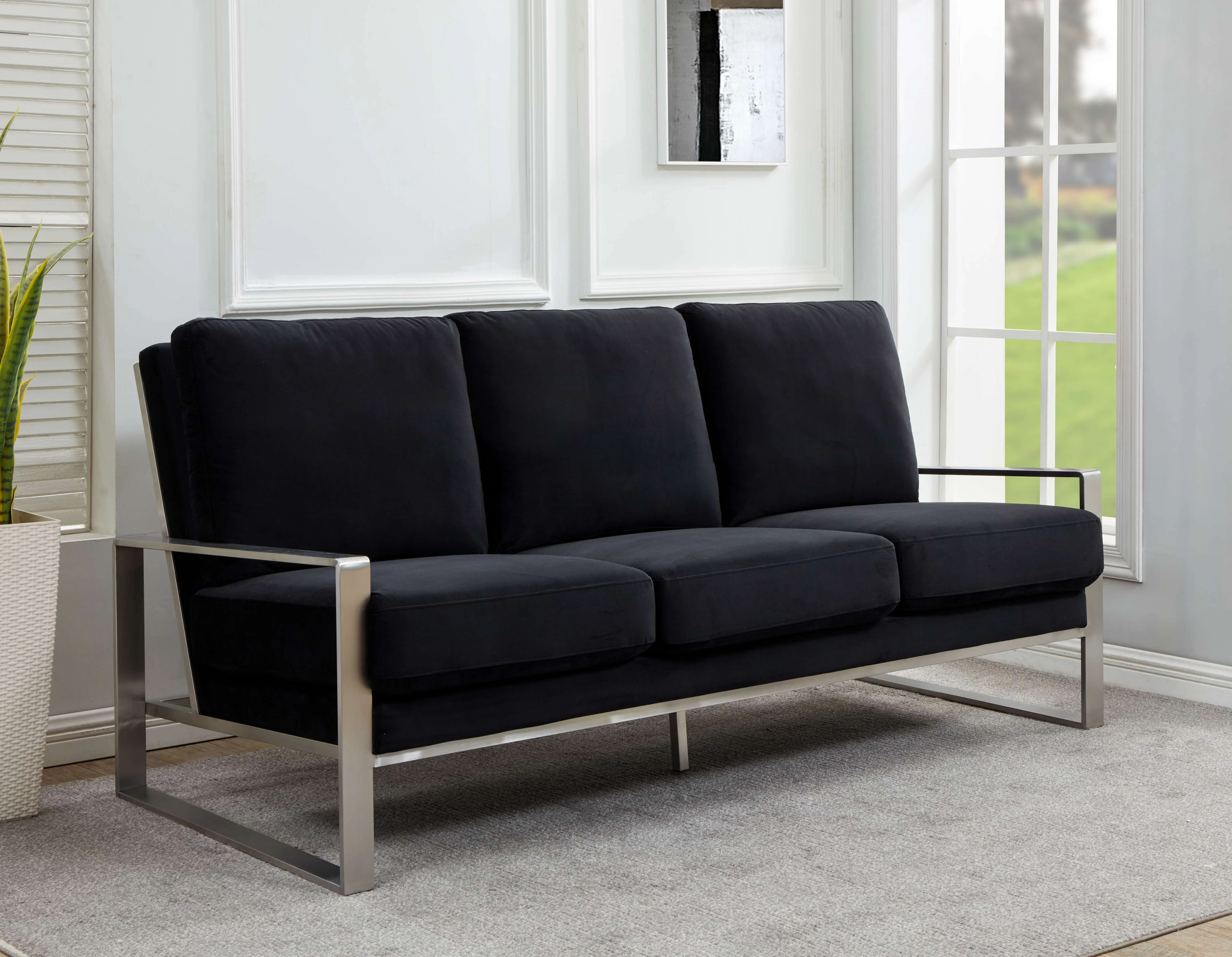 LeisureMod Jefferson Contemporary Modern Design Velvet Sofa With Silver Frame - Image 8