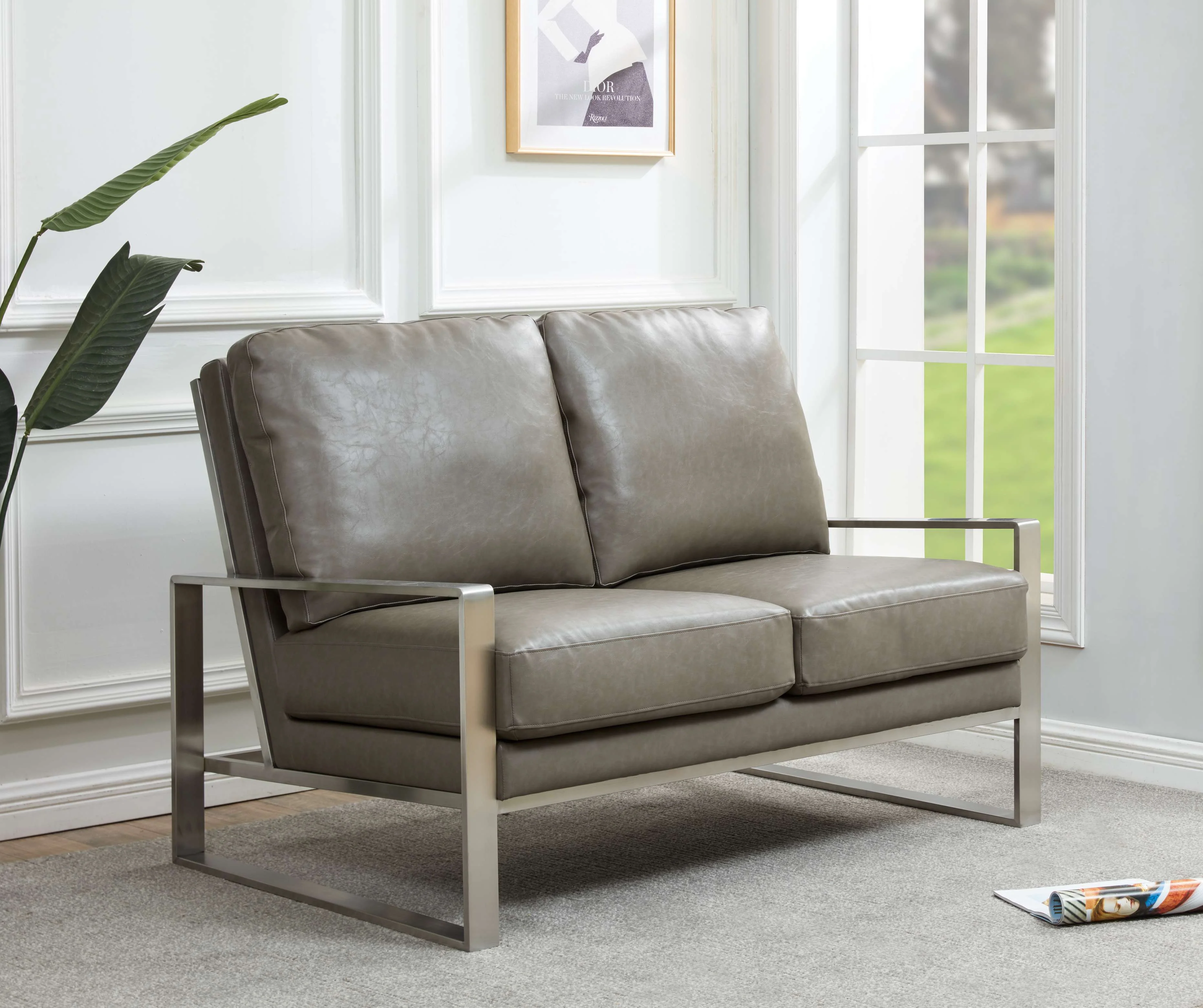 Leisuremod Jefferson Contemporary Modern Faux Leather Loveseat With Silver Frame - Image 15