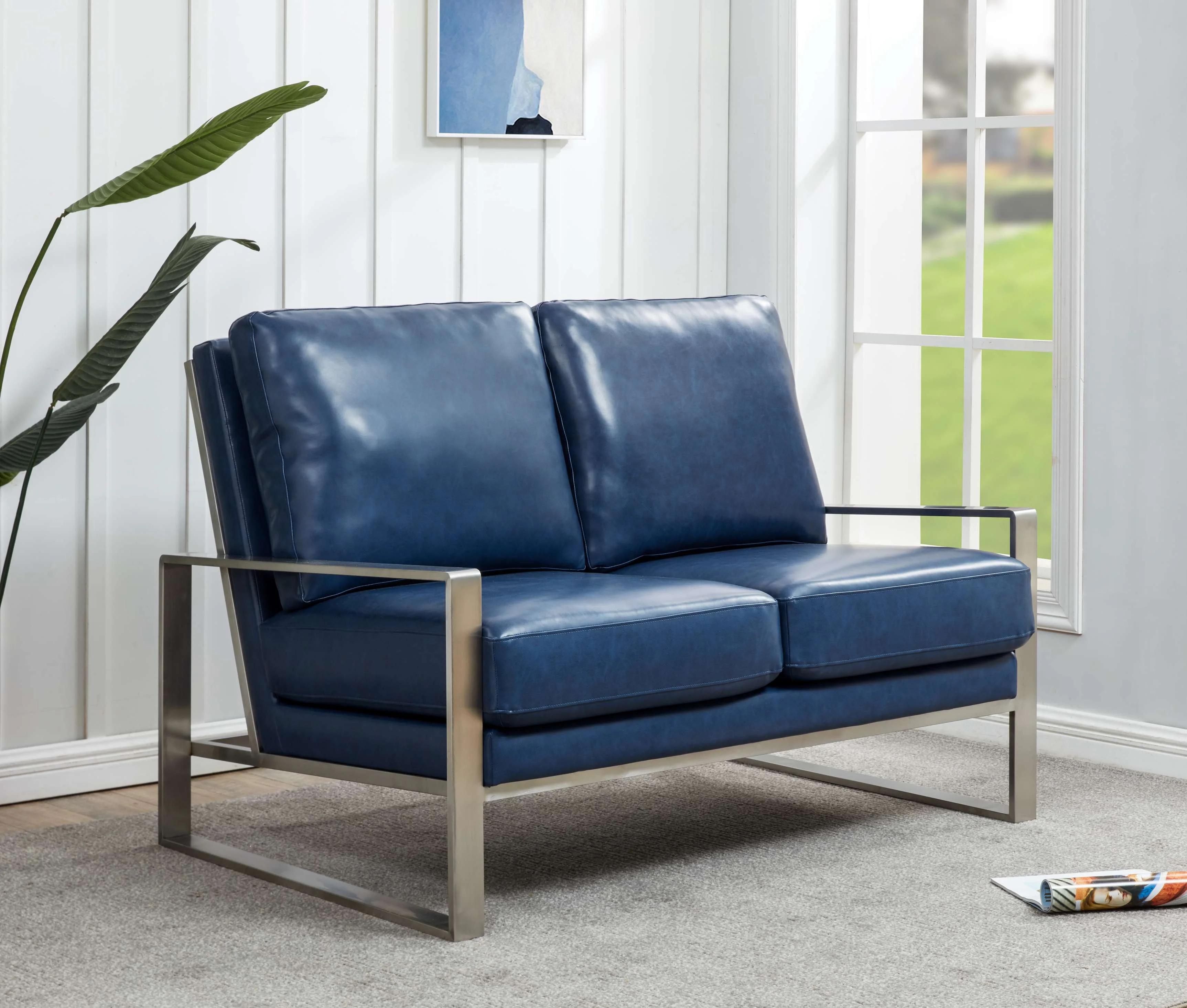 Leisuremod Jefferson Contemporary Modern Faux Leather Loveseat With Silver Frame - Image 21