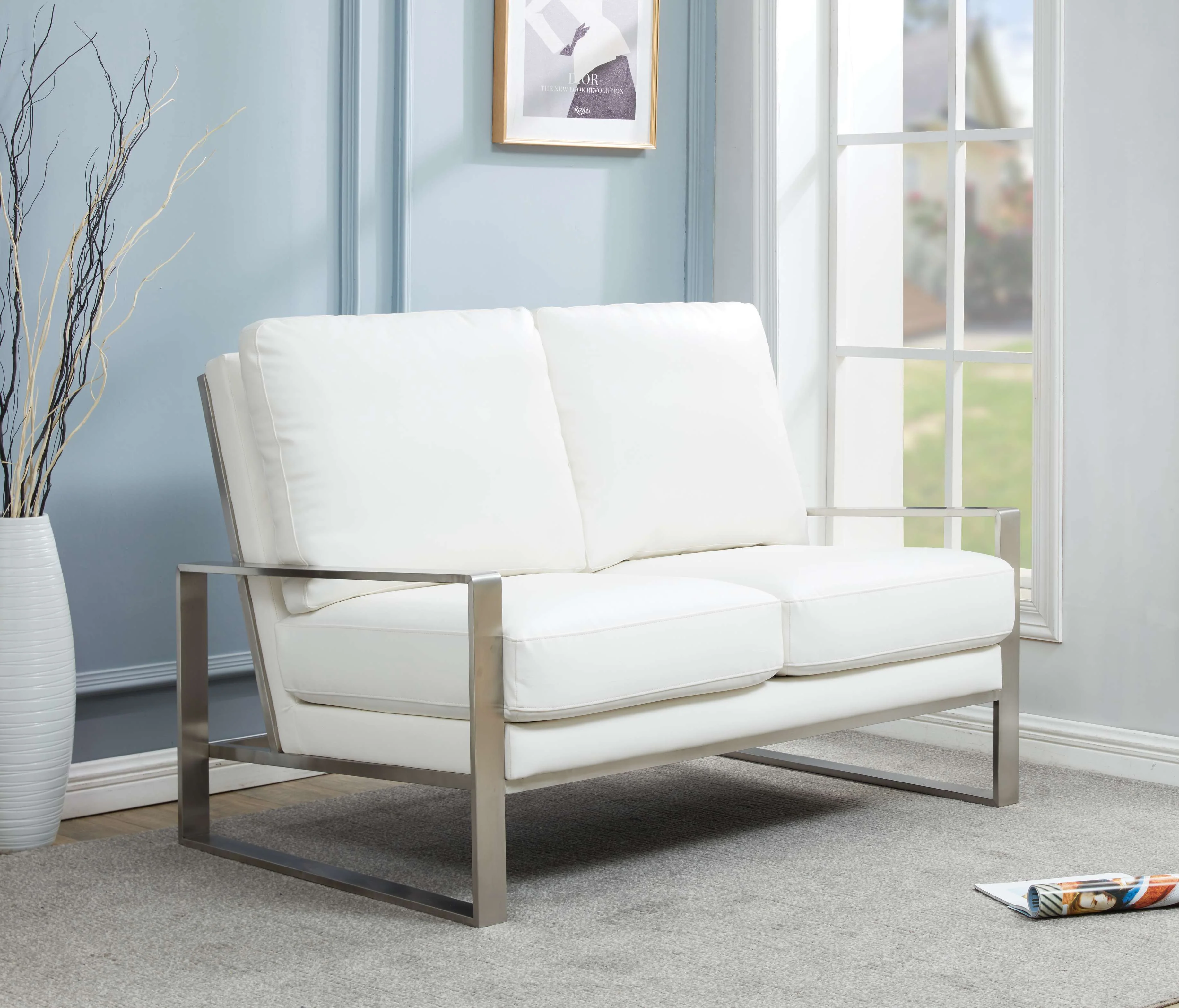 Leisuremod Jefferson Contemporary Modern Faux Leather Loveseat With Silver Frame - Image 27