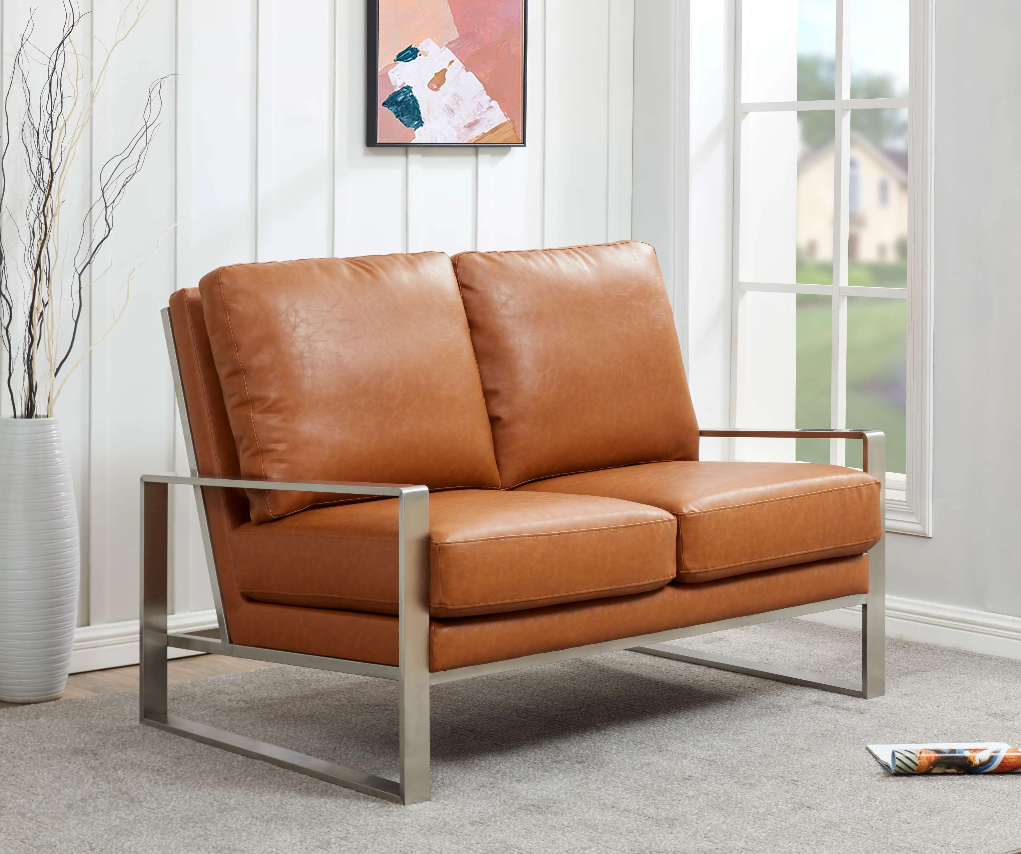 Leisuremod Jefferson Contemporary Modern Faux Leather Loveseat With Silver Frame - Image 8