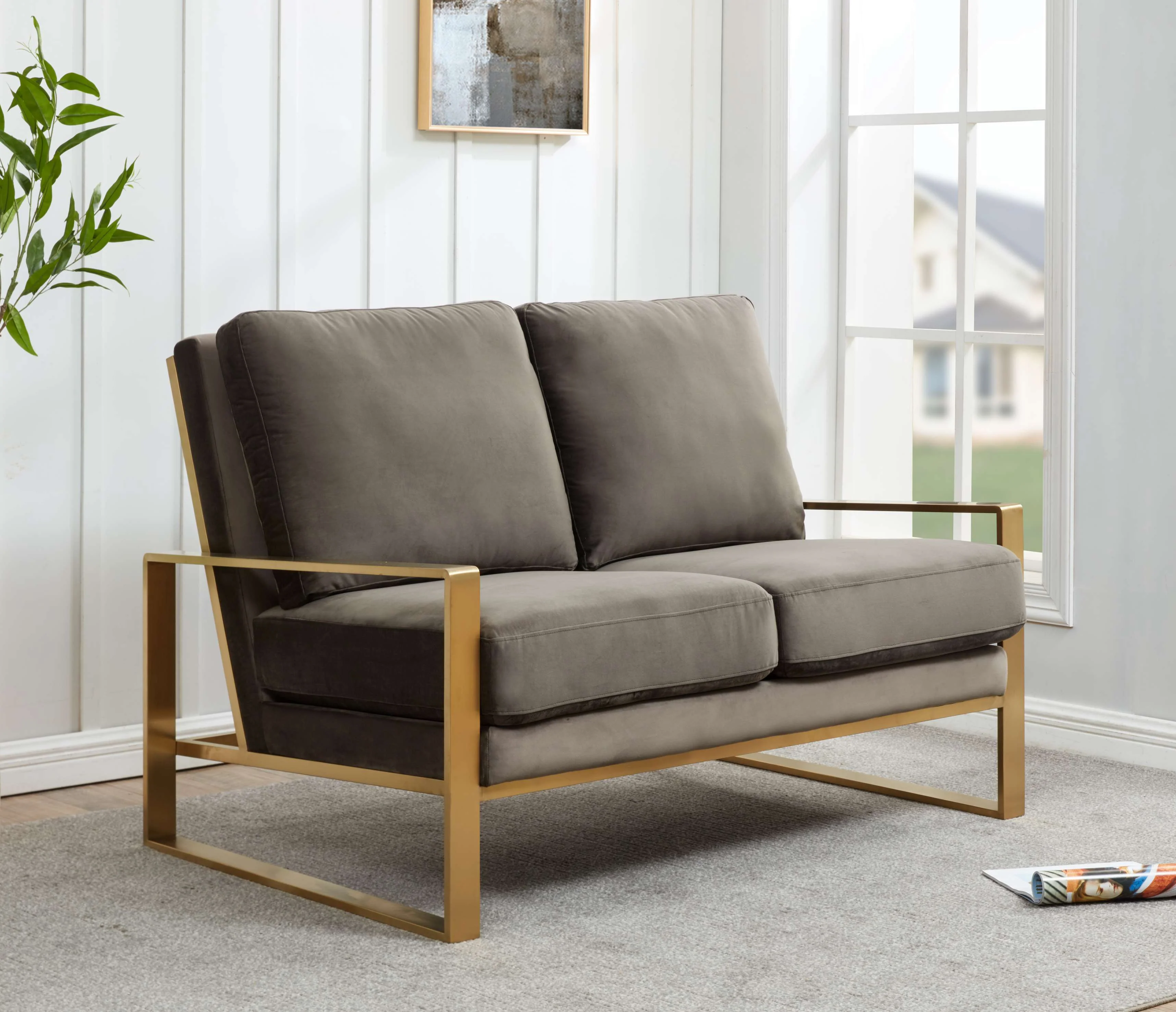 Leisuremod Jefferson Contemporary Modern Velvet Loveseat With Gold Frame - Image 14