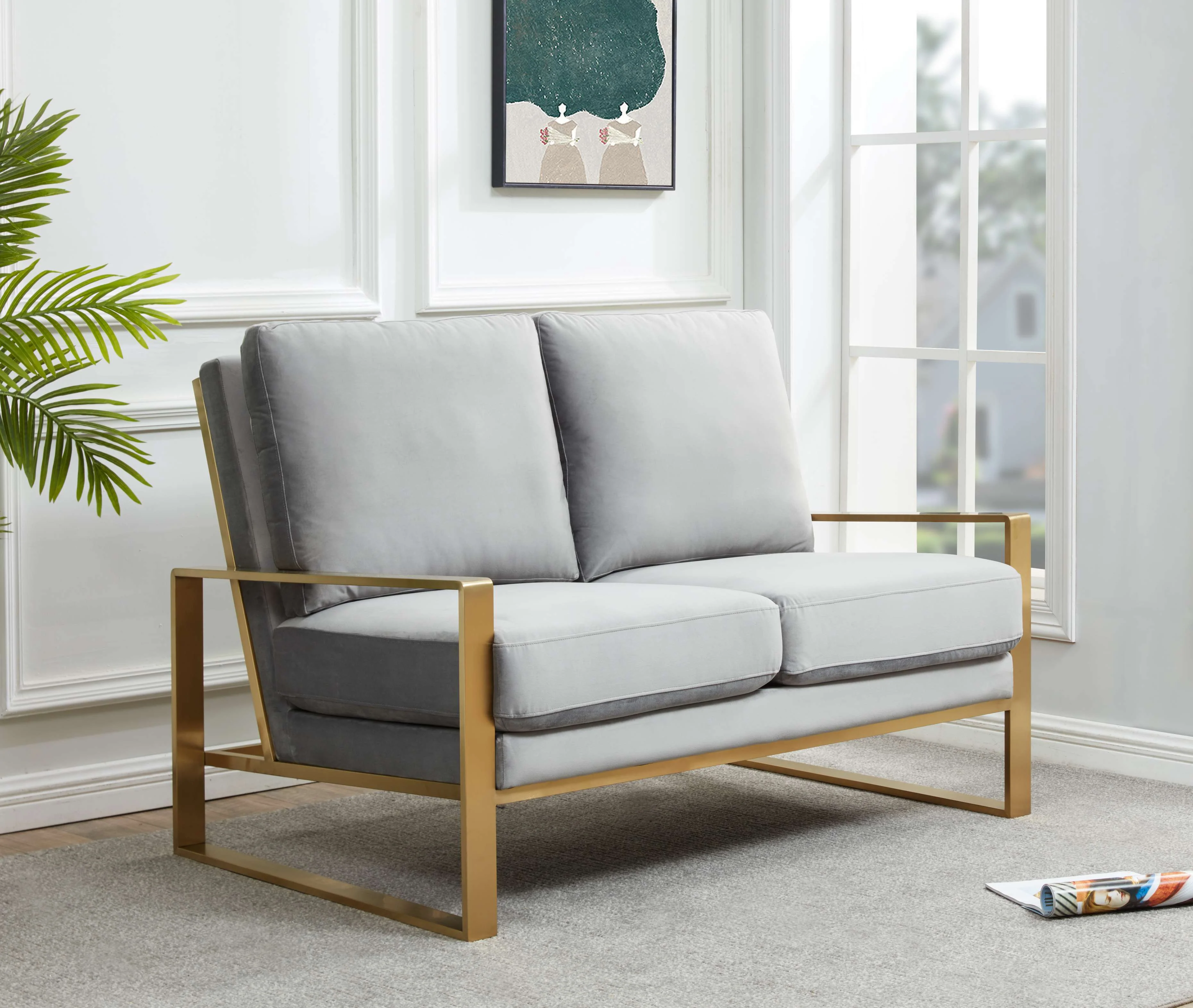 Leisuremod Jefferson Contemporary Modern Velvet Loveseat With Gold Frame - Image 20
