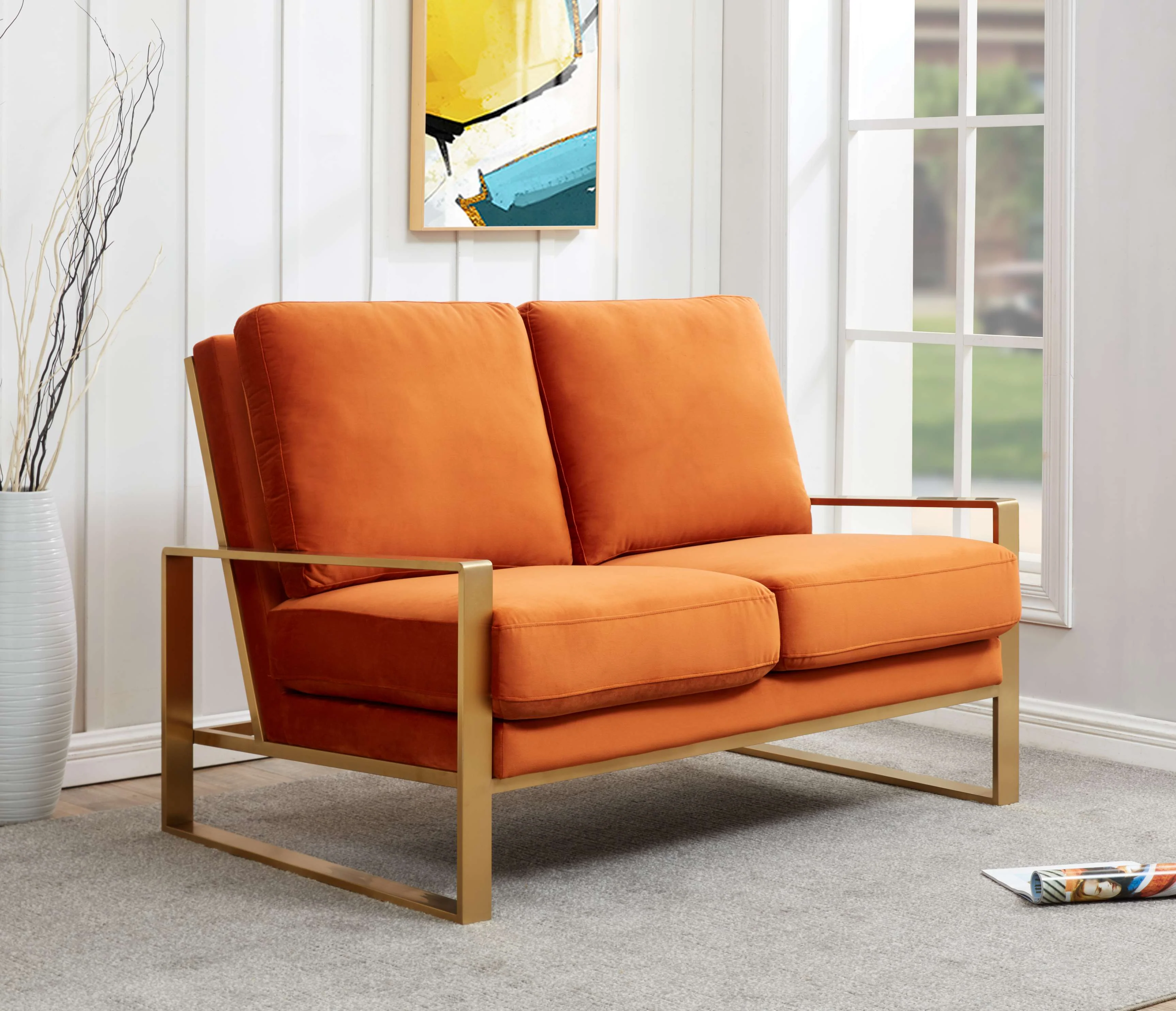 Leisuremod Jefferson Contemporary Modern Velvet Loveseat With Gold Frame - Image 26