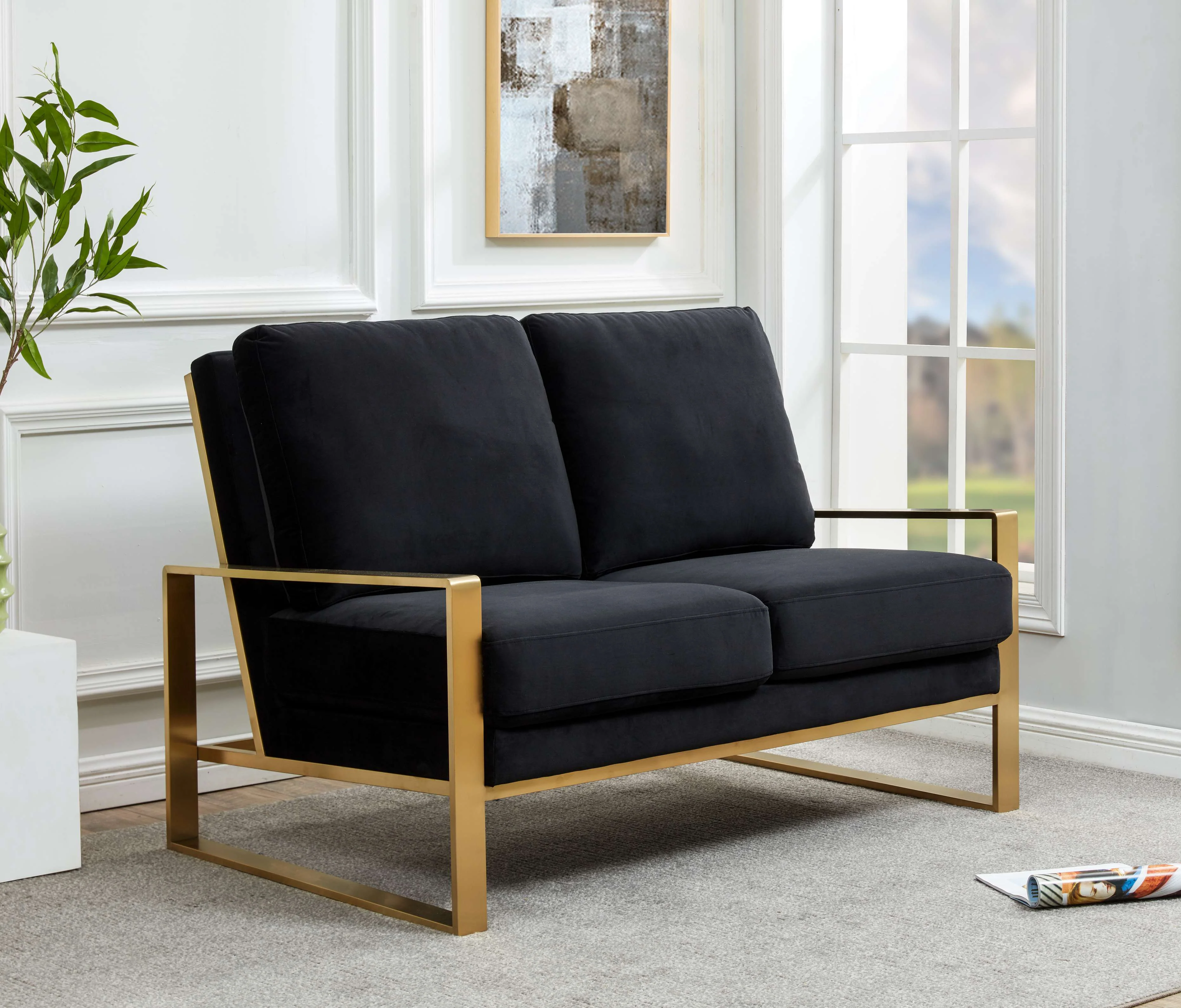 Leisuremod Jefferson Contemporary Modern Velvet Loveseat With Gold Frame - Image 8
