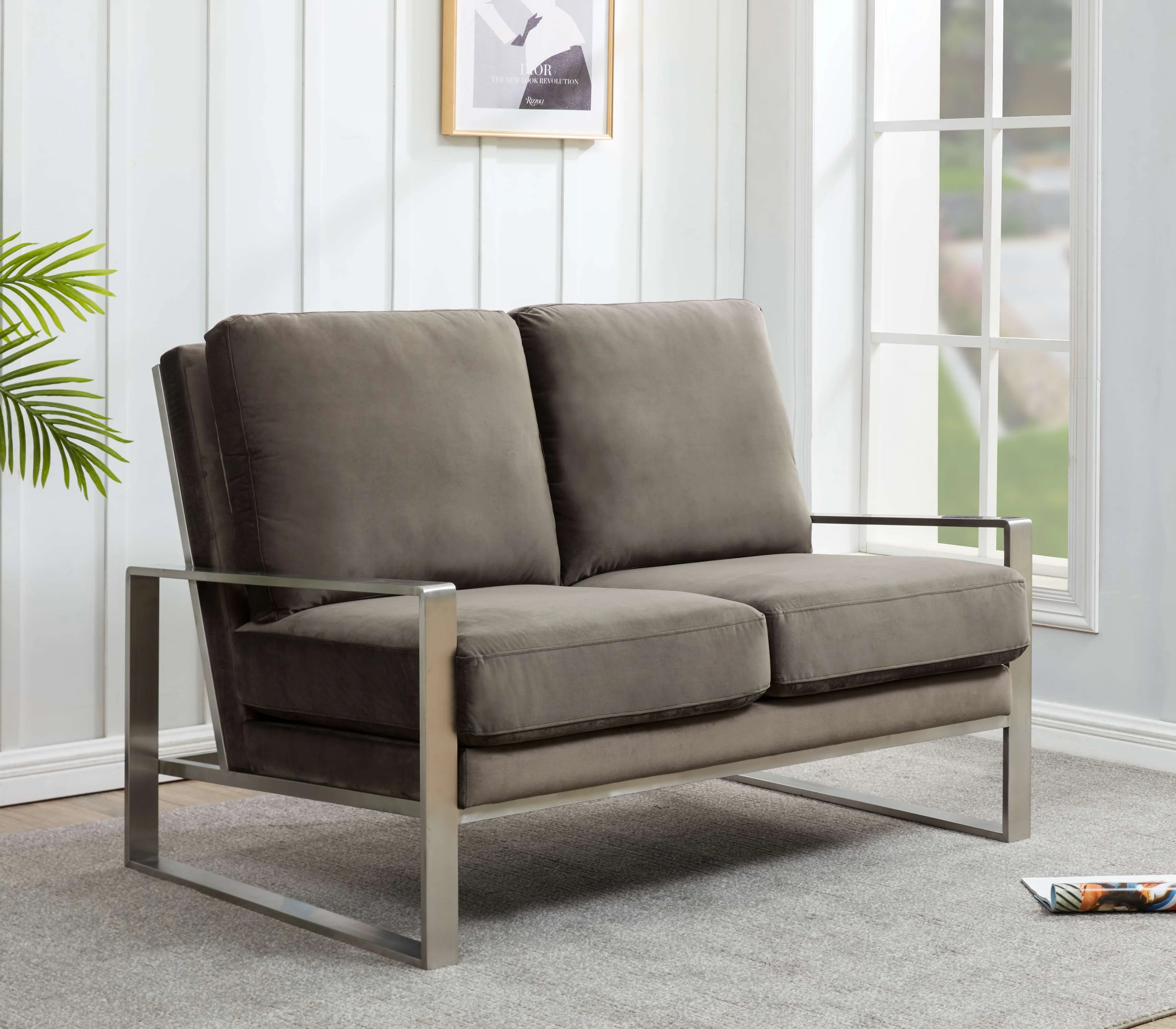 Leisuremod Jefferson Contemporary Modern Velvet Loveseat With Silver Frame - Image 14