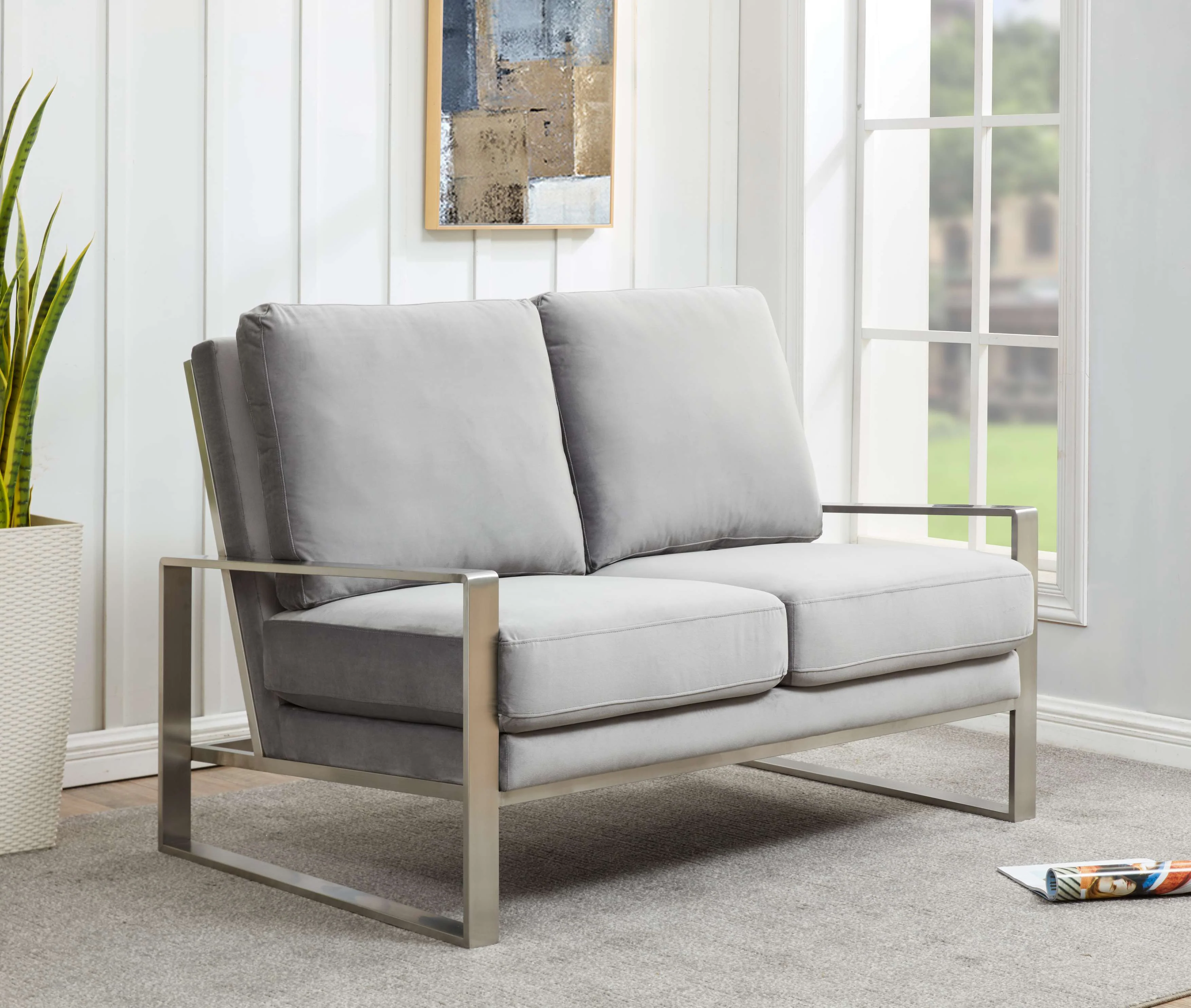Leisuremod Jefferson Contemporary Modern Velvet Loveseat With Silver Frame - Image 20