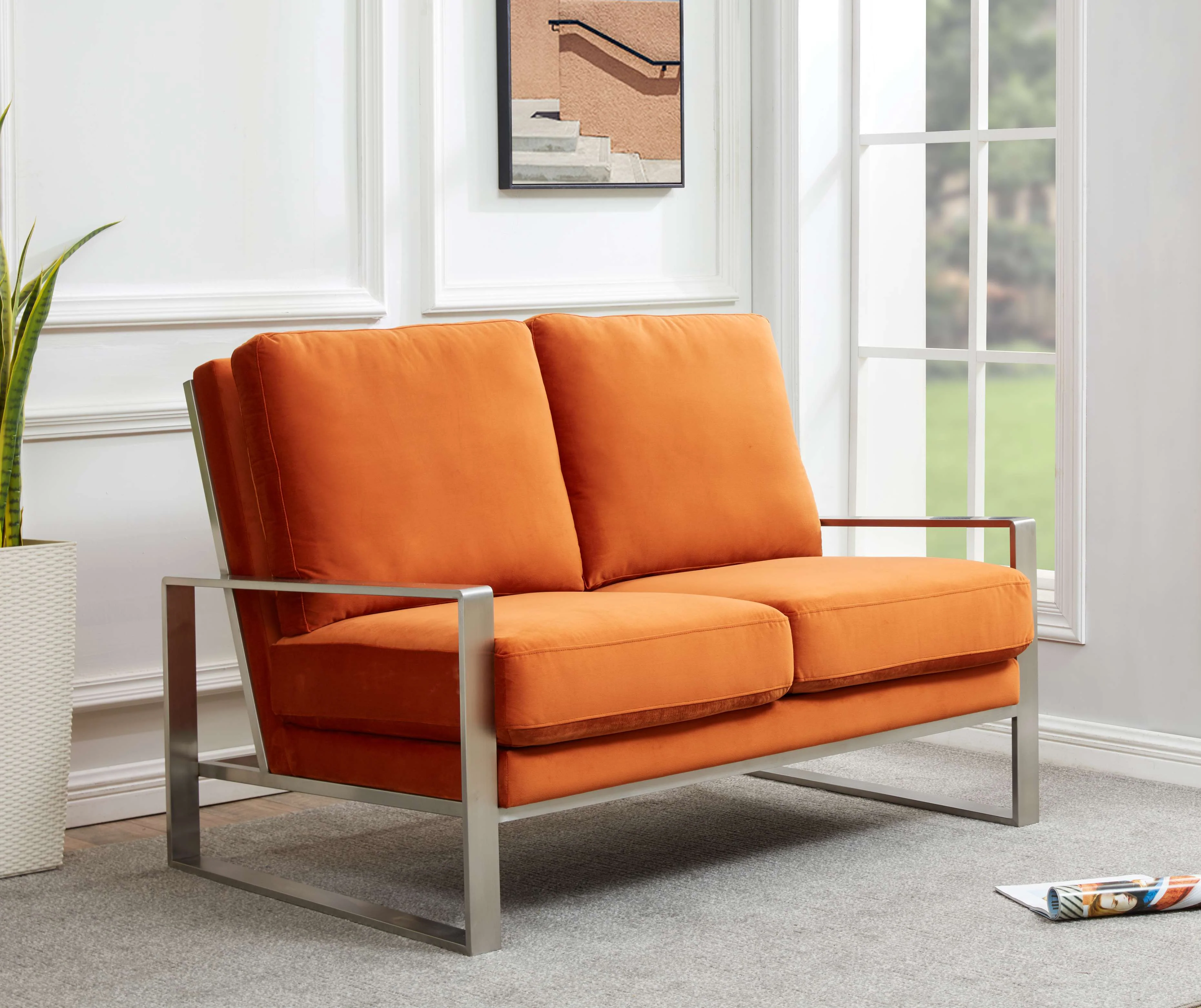 Leisuremod Jefferson Contemporary Modern Velvet Loveseat With Silver Frame - Image 32