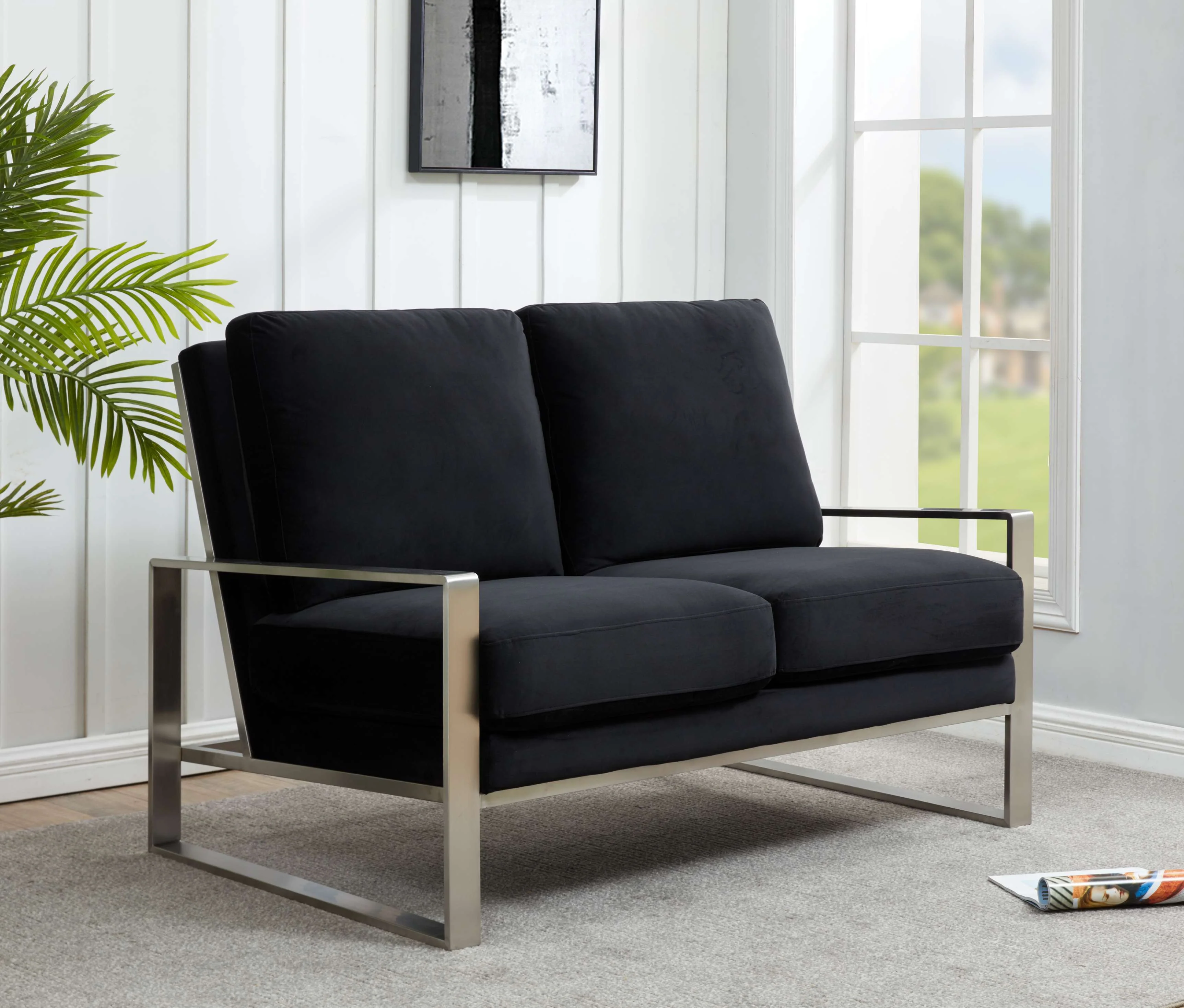 Leisuremod Jefferson Contemporary Modern Velvet Loveseat With Silver Frame - Image 8