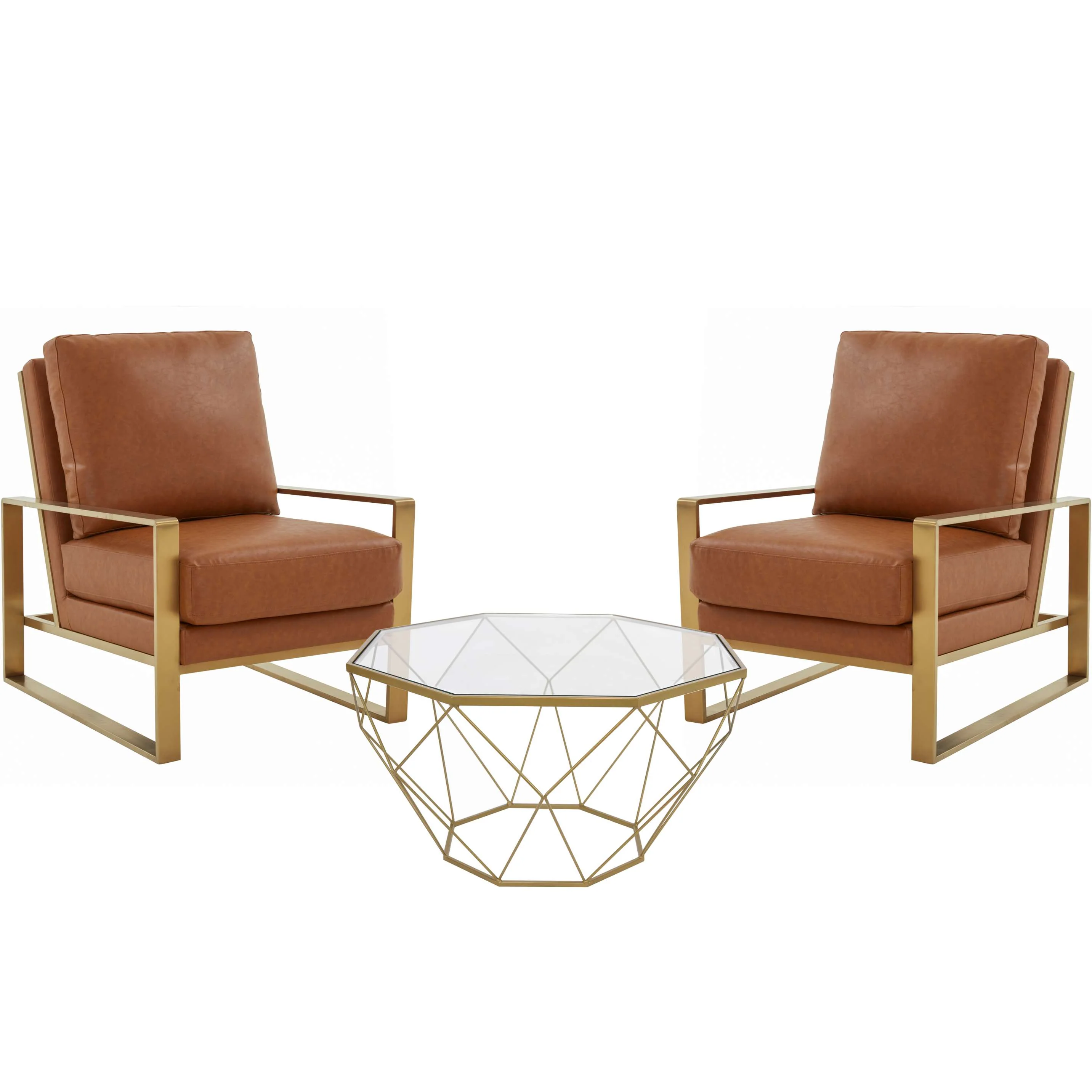 LeisureMod Jefferson Leather Armchair with Gold Frame and Large Octagon Coffee Table with Geometric Base - Image 14