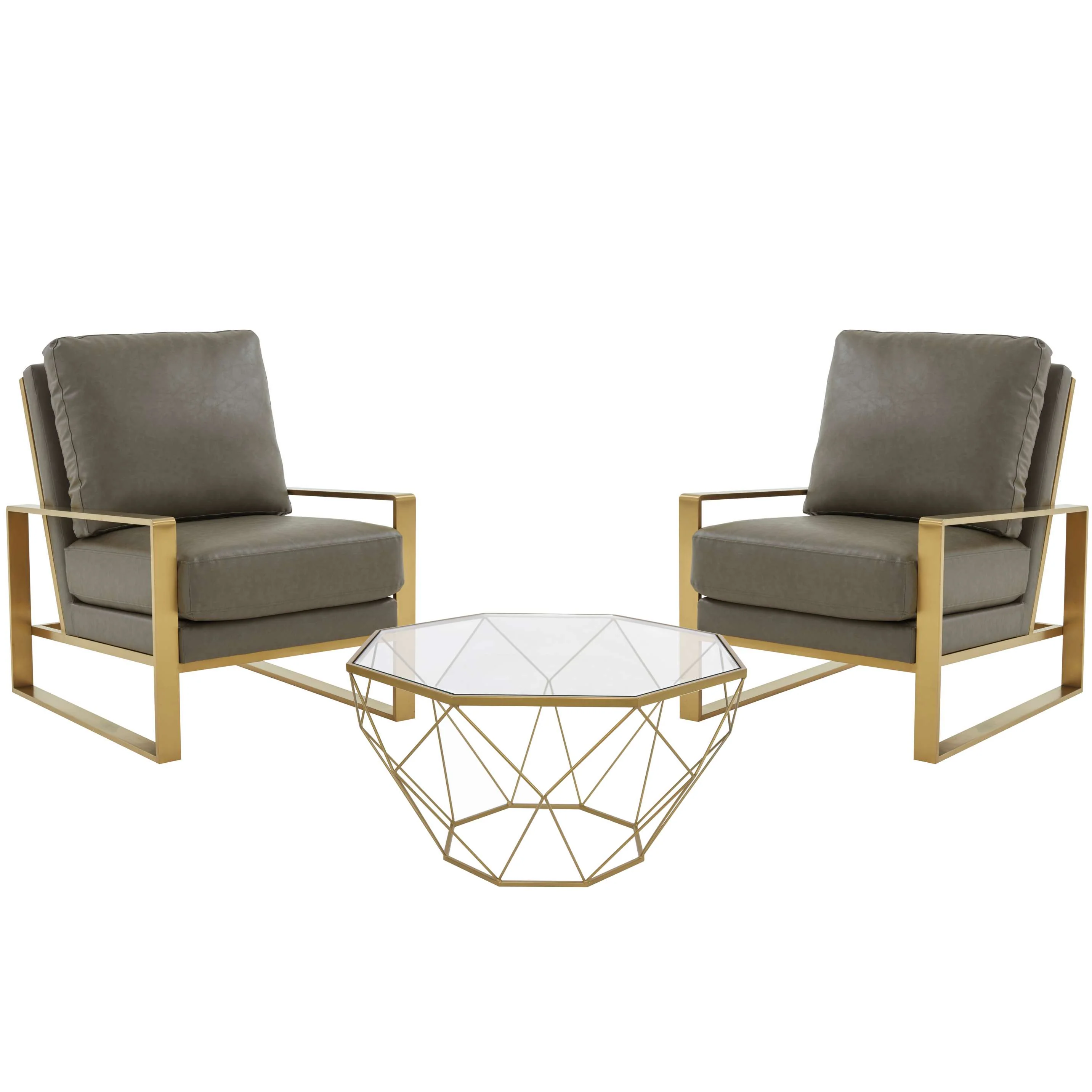 LeisureMod Jefferson Leather Armchair with Gold Frame and Large Octagon Coffee Table with Geometric Base - Image 27
