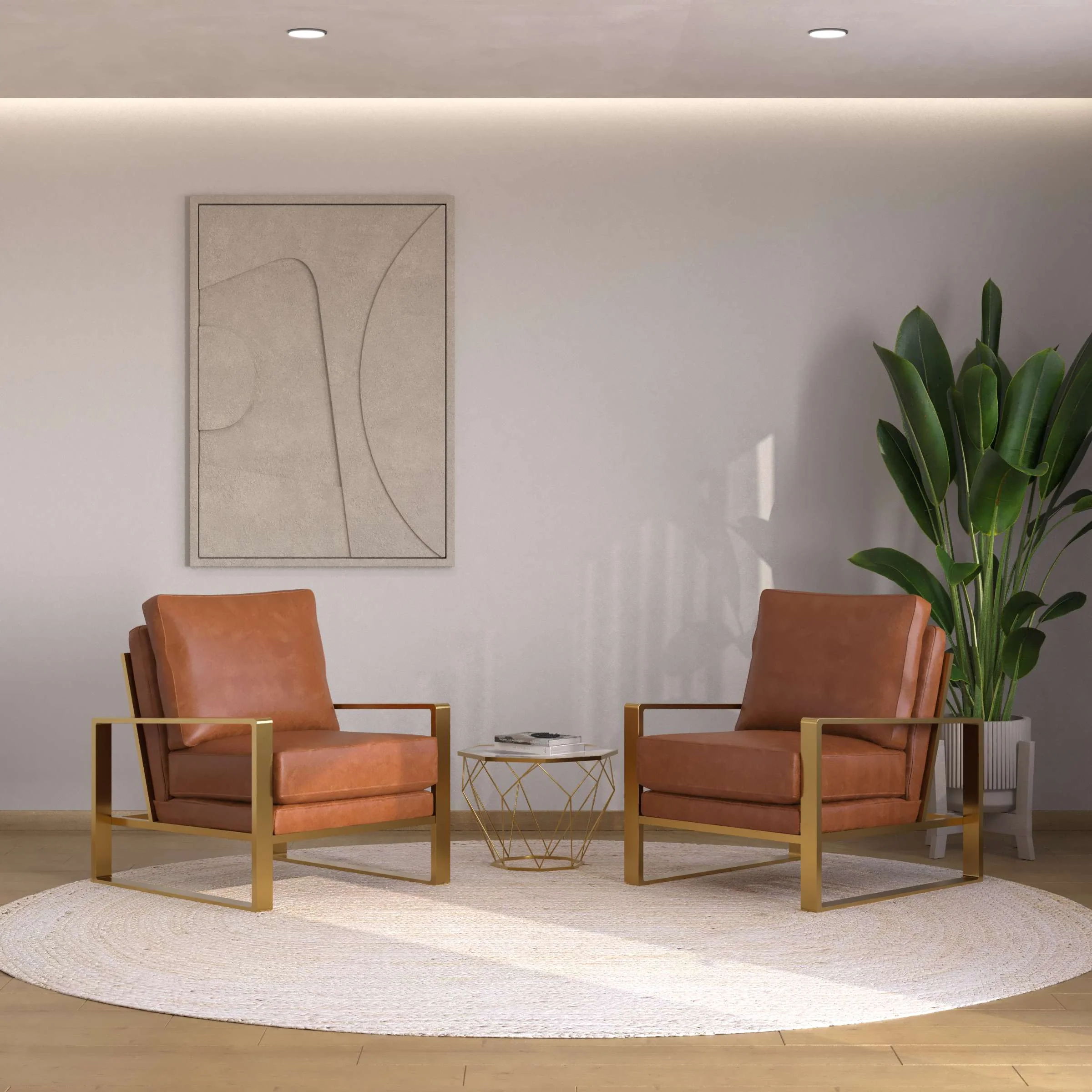LeisureMod Jefferson Leather Armchair with Gold Frame and Octagon Coffee Table with Geometric Base - Image 15