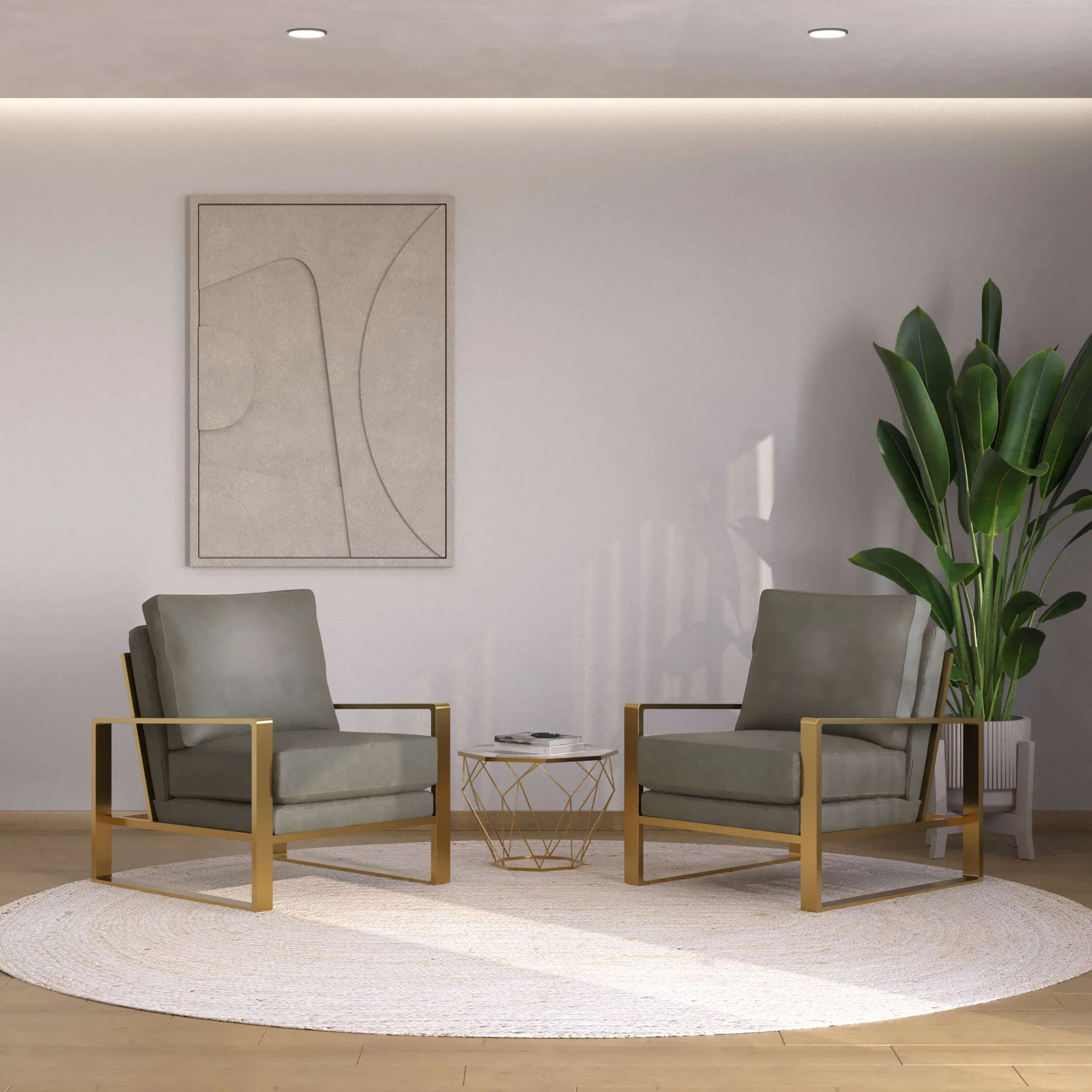 LeisureMod Jefferson Leather Armchair with Gold Frame and Octagon Coffee Table with Geometric Base - Image 29