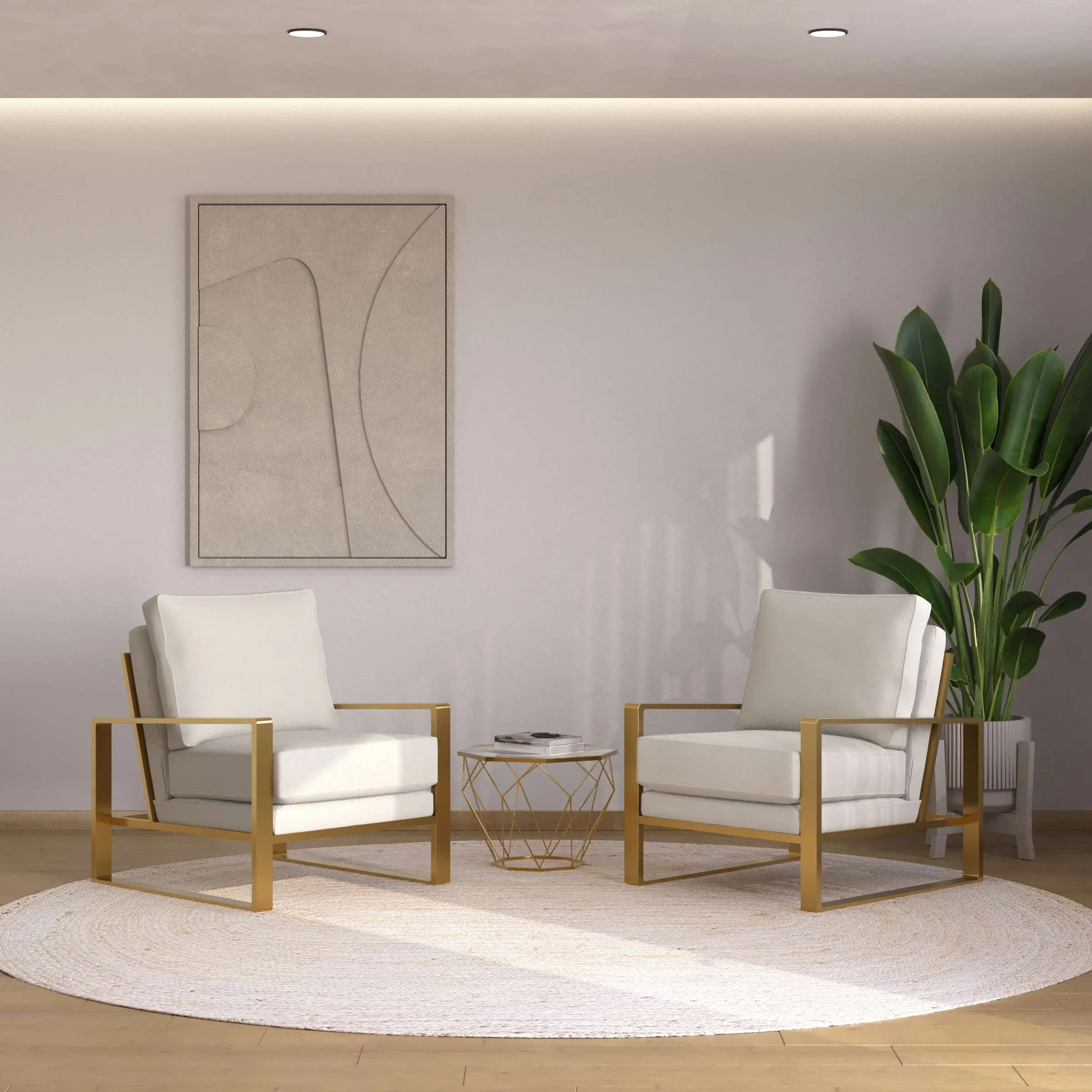 LeisureMod Jefferson Leather Armchair with Gold Frame and Octagon Coffee Table with Geometric Base - Image 43