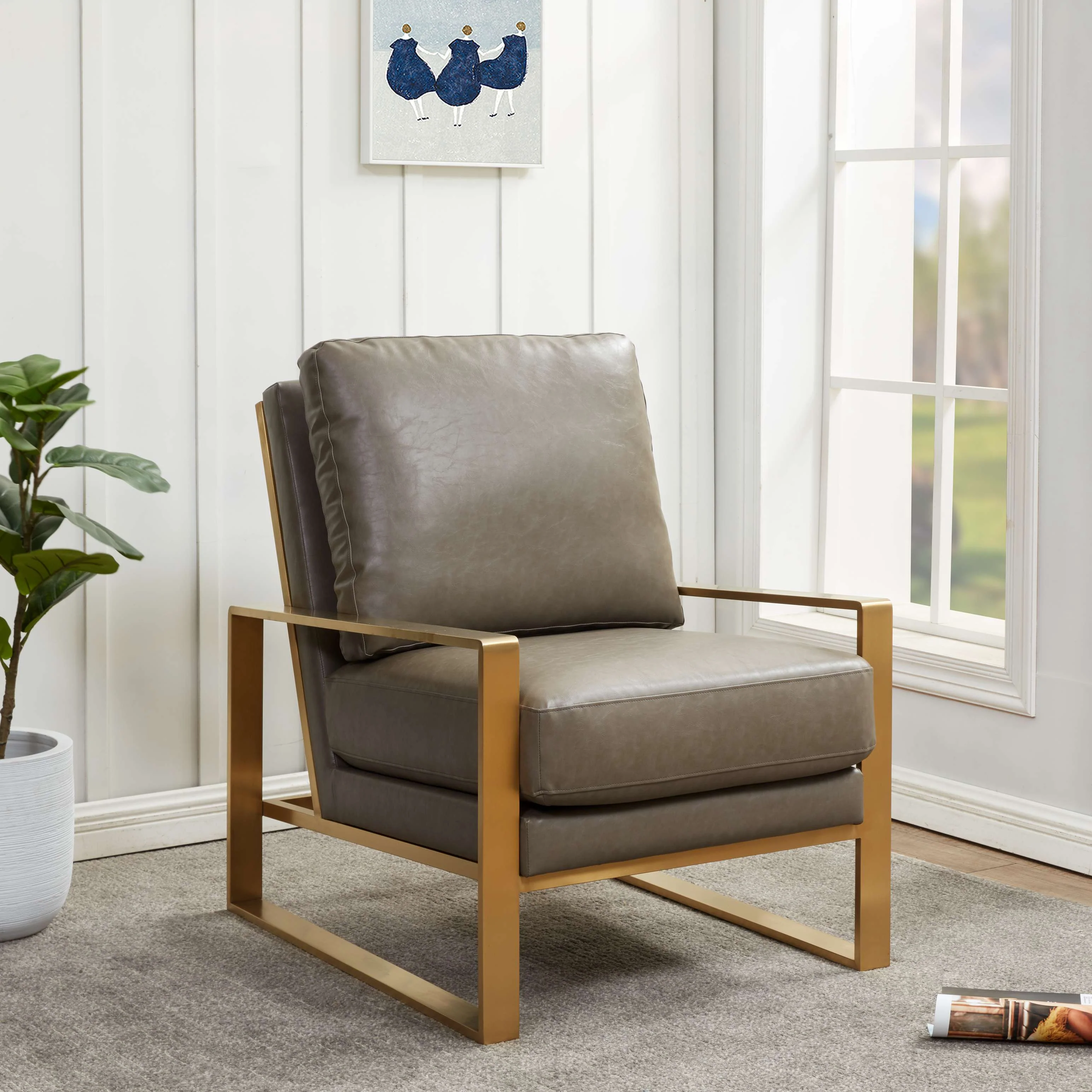 LeisureMod Jefferson Leather Modern Design Accent Armchair With Elegant Gold Frame - Image 14