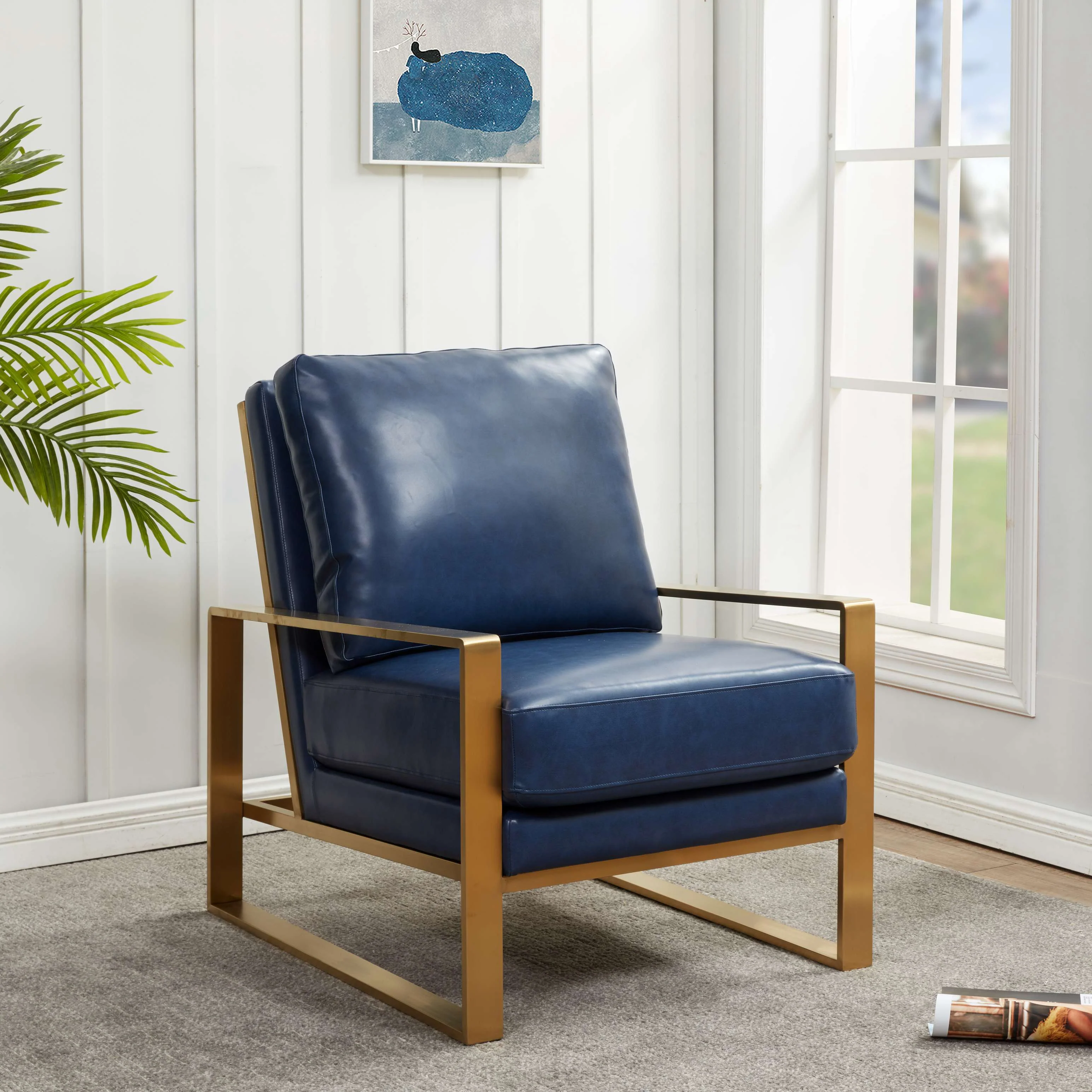 LeisureMod Jefferson Leather Modern Design Accent Armchair With Elegant Gold Frame - Image 20