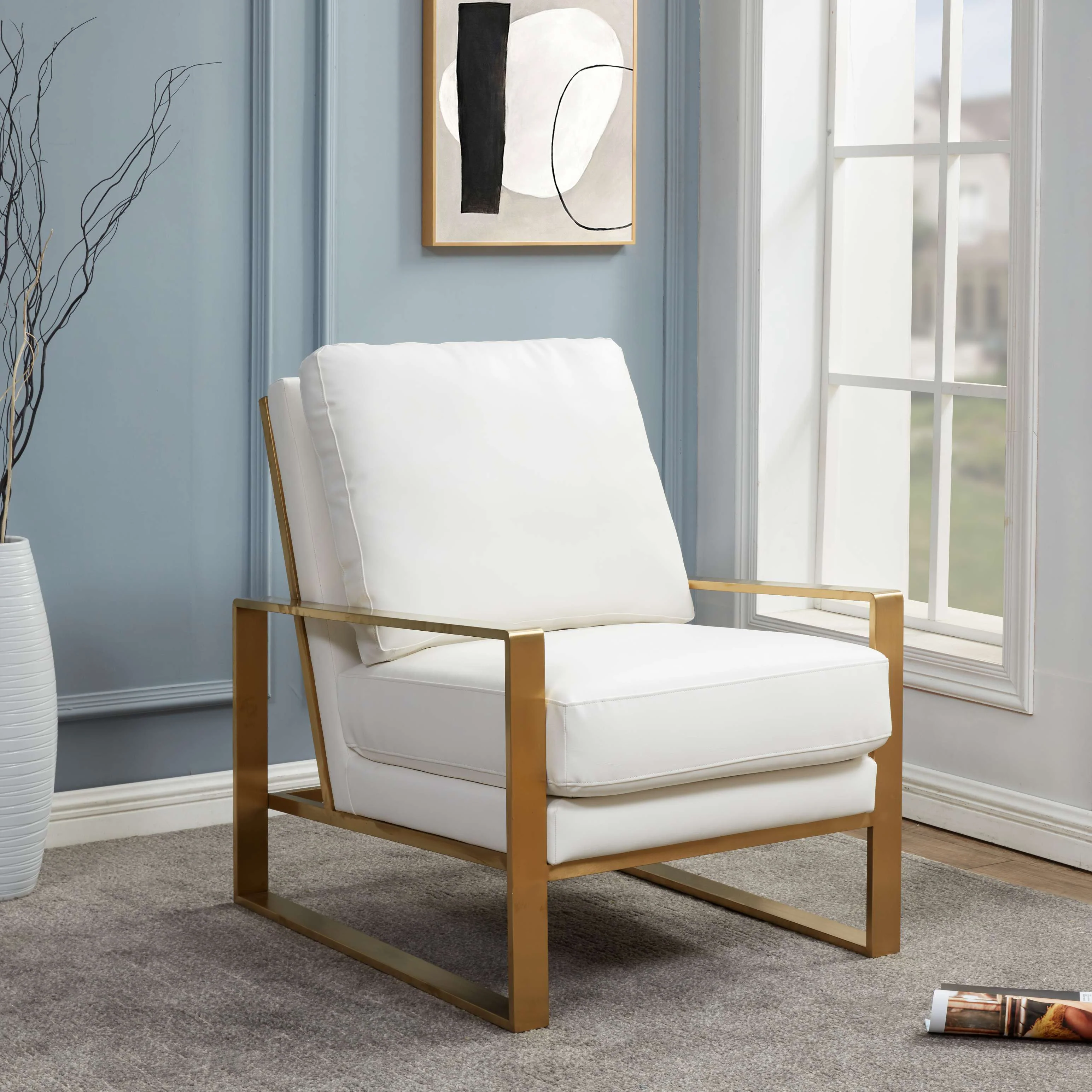 LeisureMod Jefferson Leather Modern Design Accent Armchair With Elegant Gold Frame - Image 26