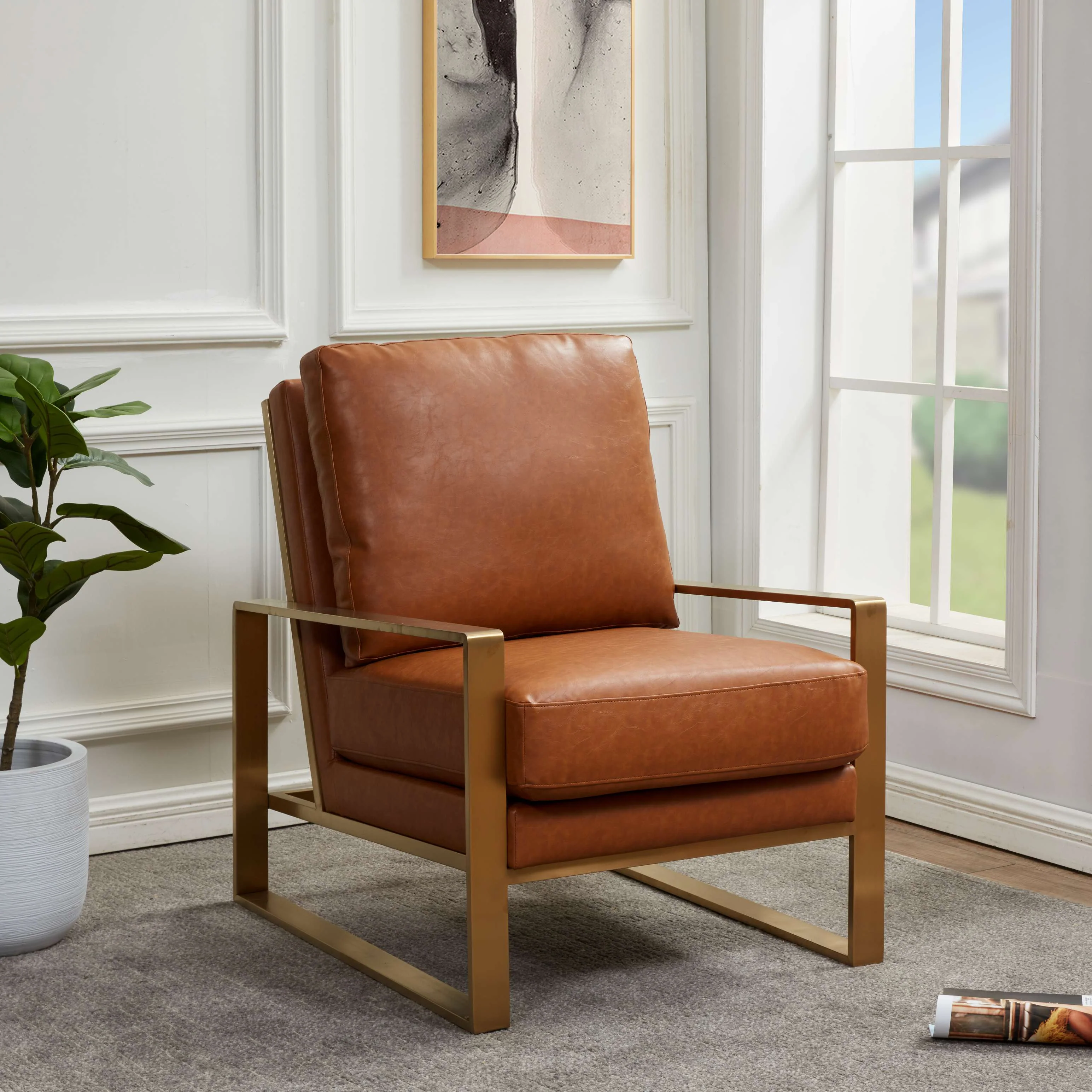 LeisureMod Jefferson Leather Modern Design Accent Armchair With Elegant Gold Frame - Image 8