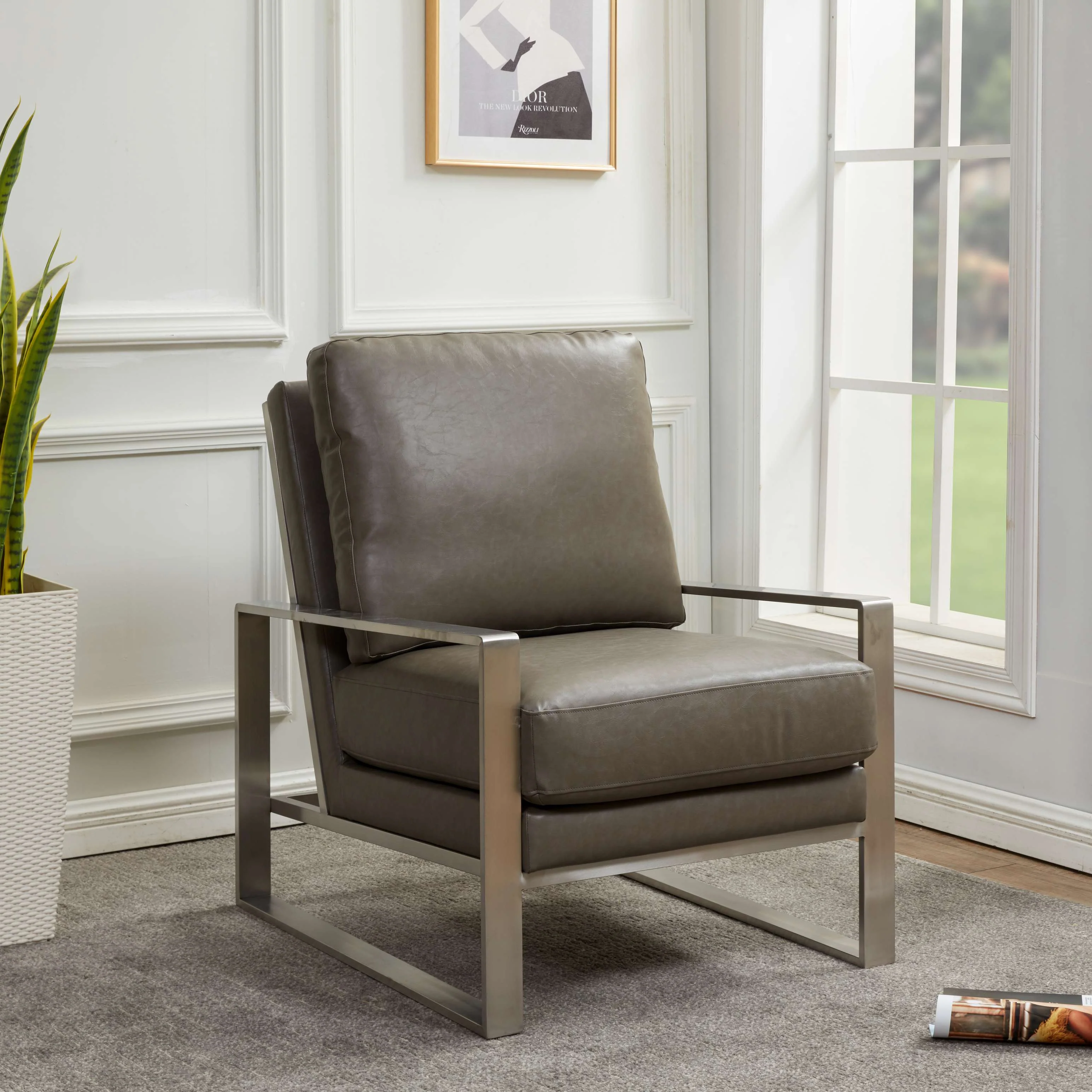 LeisureMod Jefferson Leather Modern Design Accent Armchair With Elegant Silver Frame - Image 8