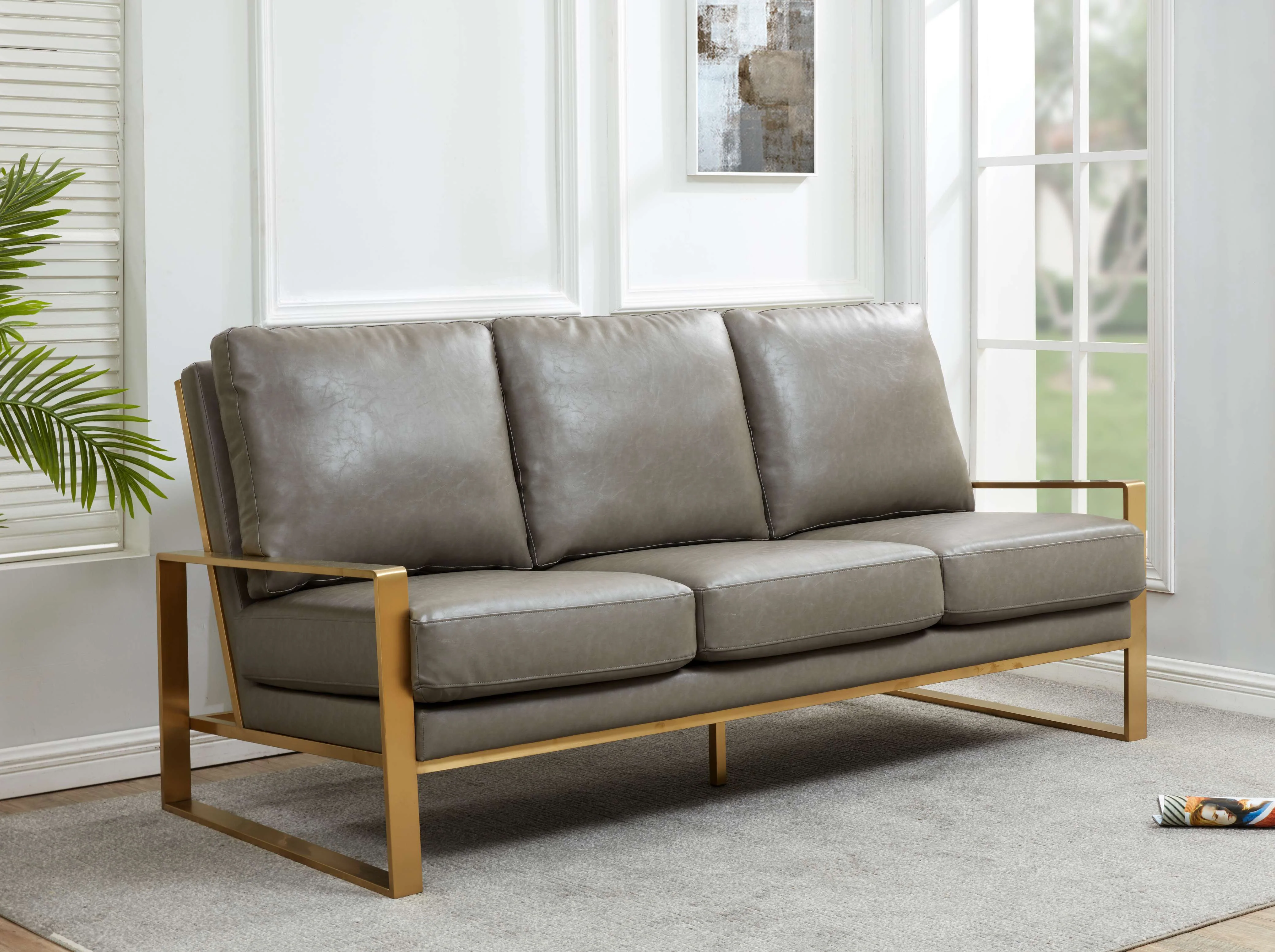 LeisureMod Jefferson Modern Design Leather Sofa With Gold Frame - Image 15