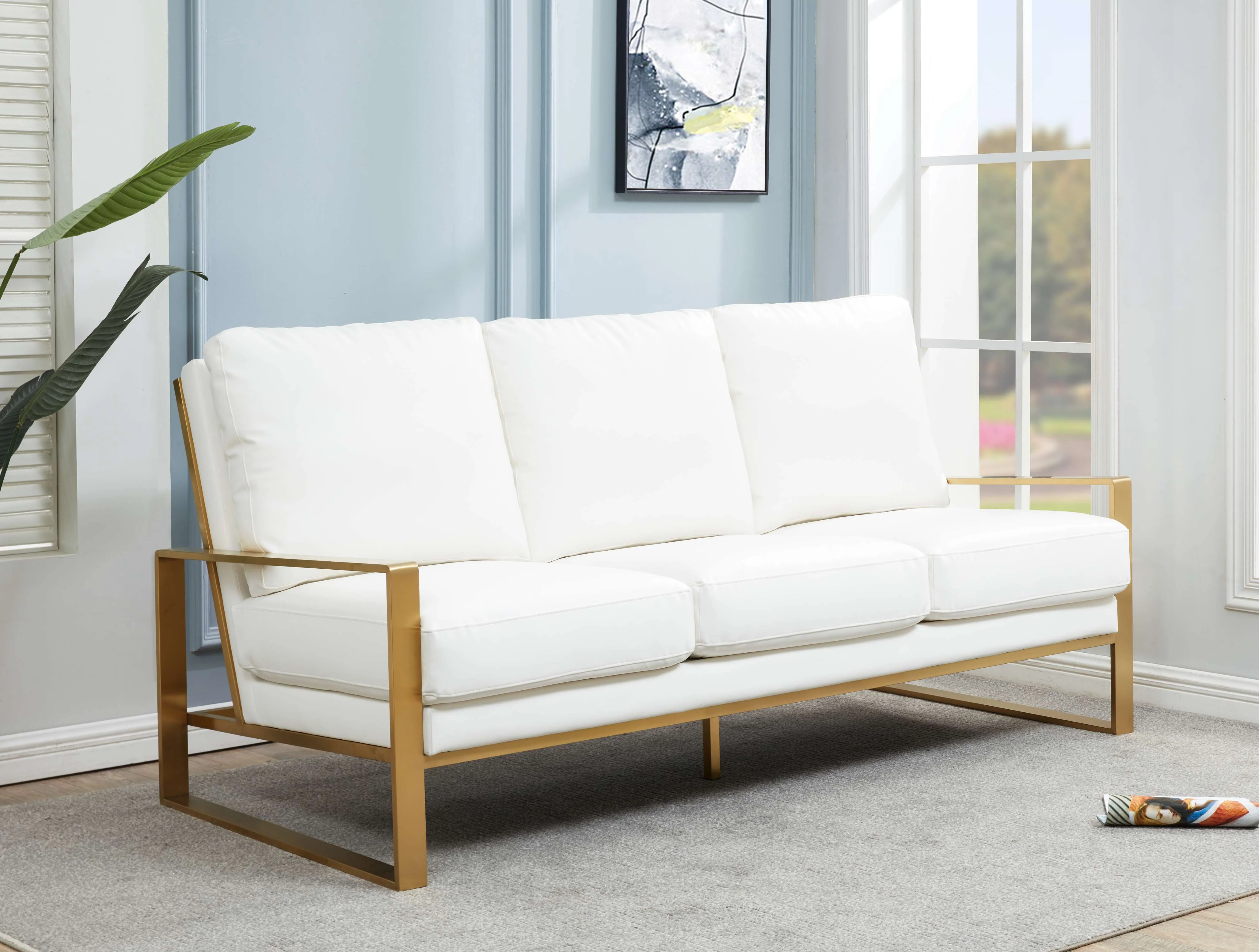 LeisureMod Jefferson Modern Design Leather Sofa With Gold Frame - Image 22