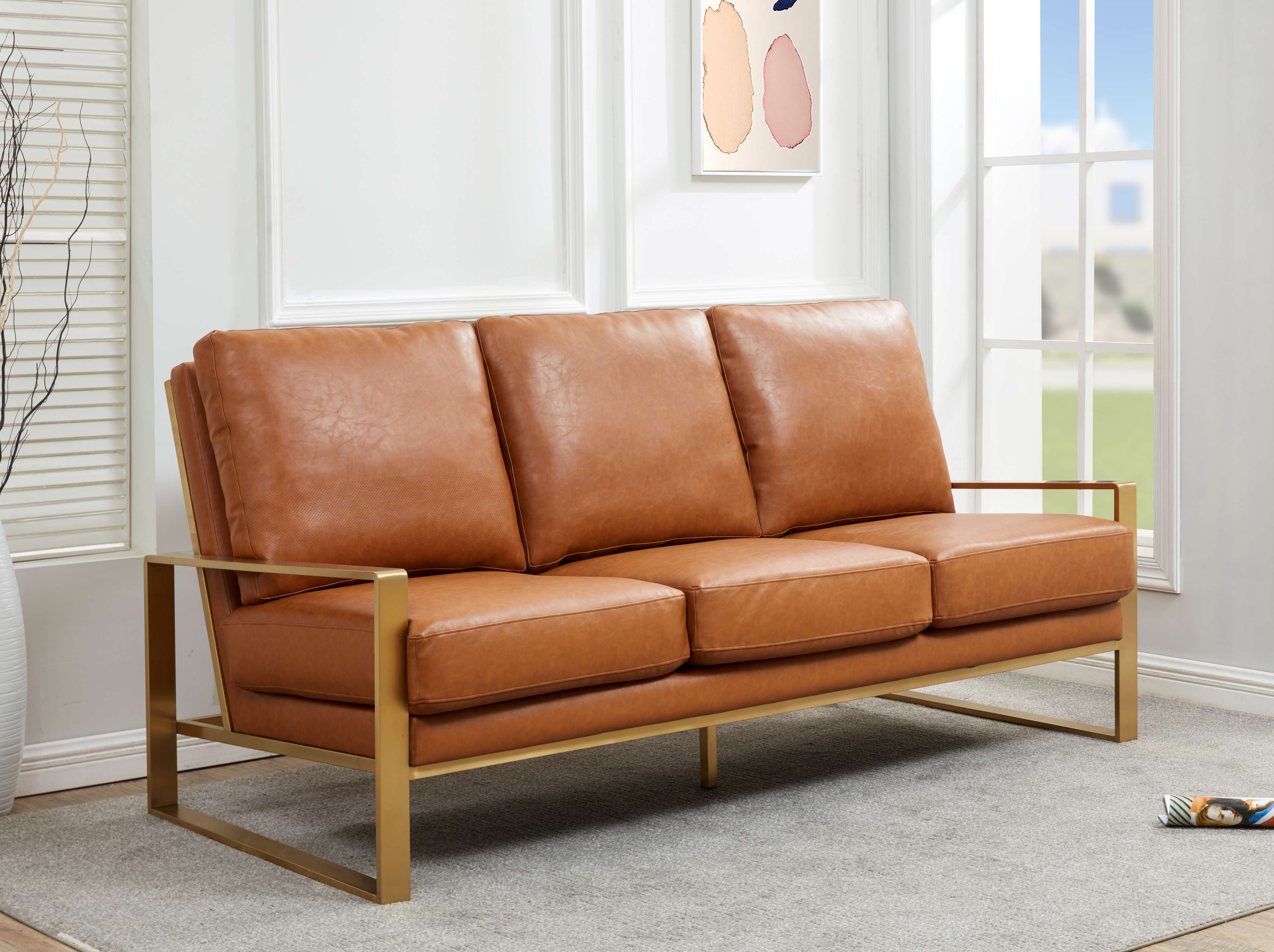LeisureMod Jefferson Modern Design Leather Sofa With Gold Frame - Image 8