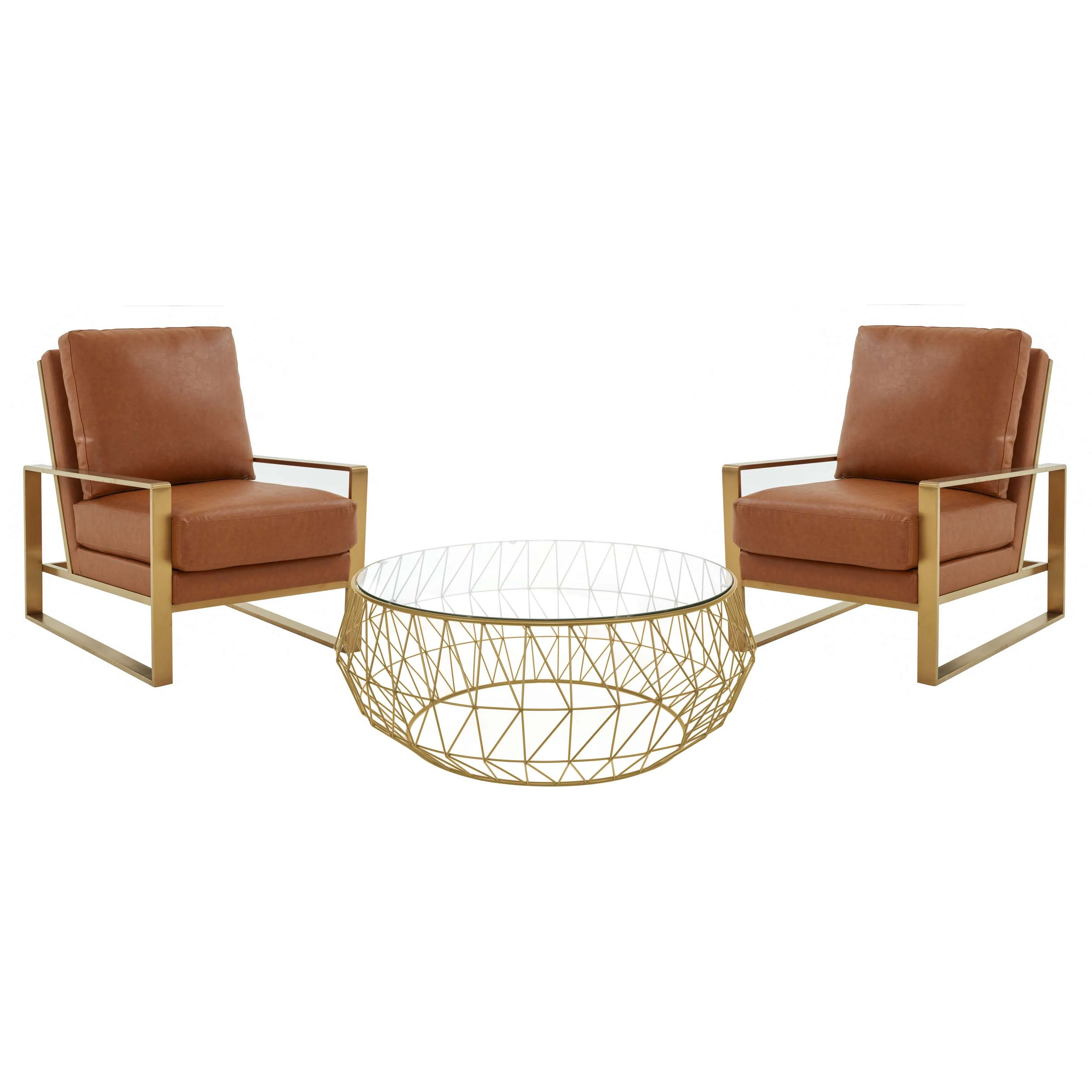 LeisureMod Jefferson Modern Leather Armchair with Gold Frame and Round Coffee Table with Glass Top and Metal Base - Image 14