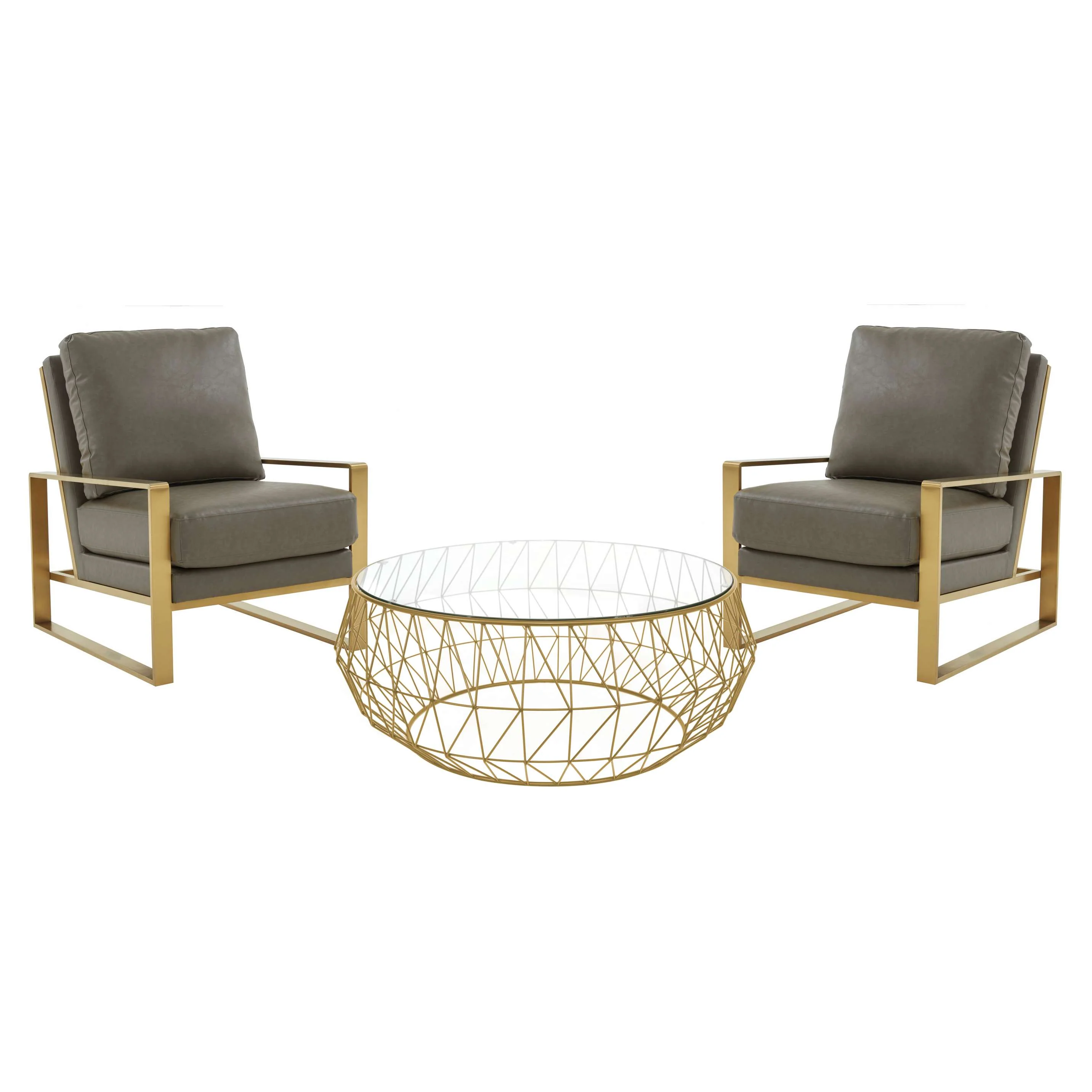LeisureMod Jefferson Modern Leather Armchair with Gold Frame and Round Coffee Table with Glass Top and Metal Base - Image 27