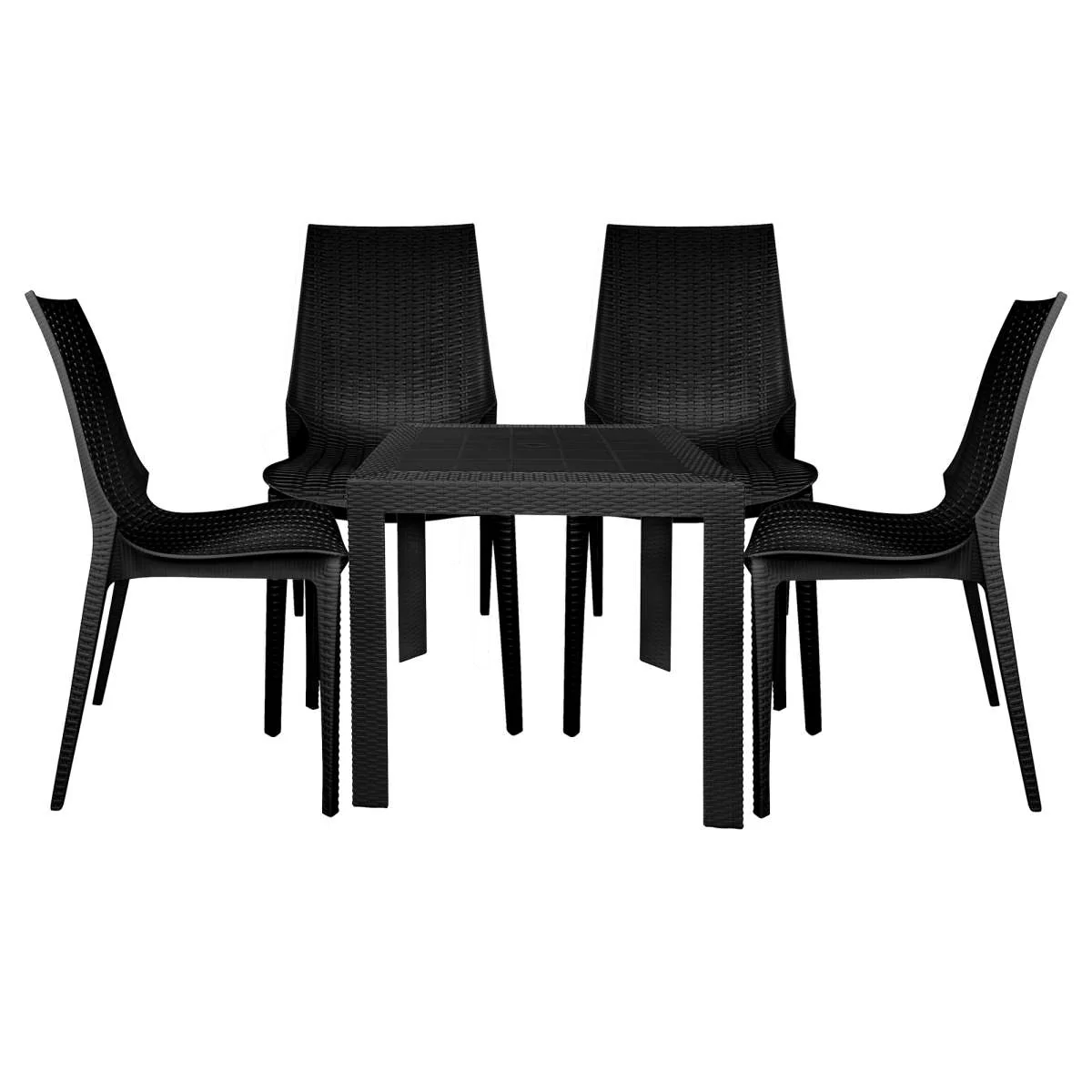 LeisureMod Kent 5-Piece Outdoor Dining Set with Plastic Square Table and 4 Stackable Chairs with Weave Design - Image 14