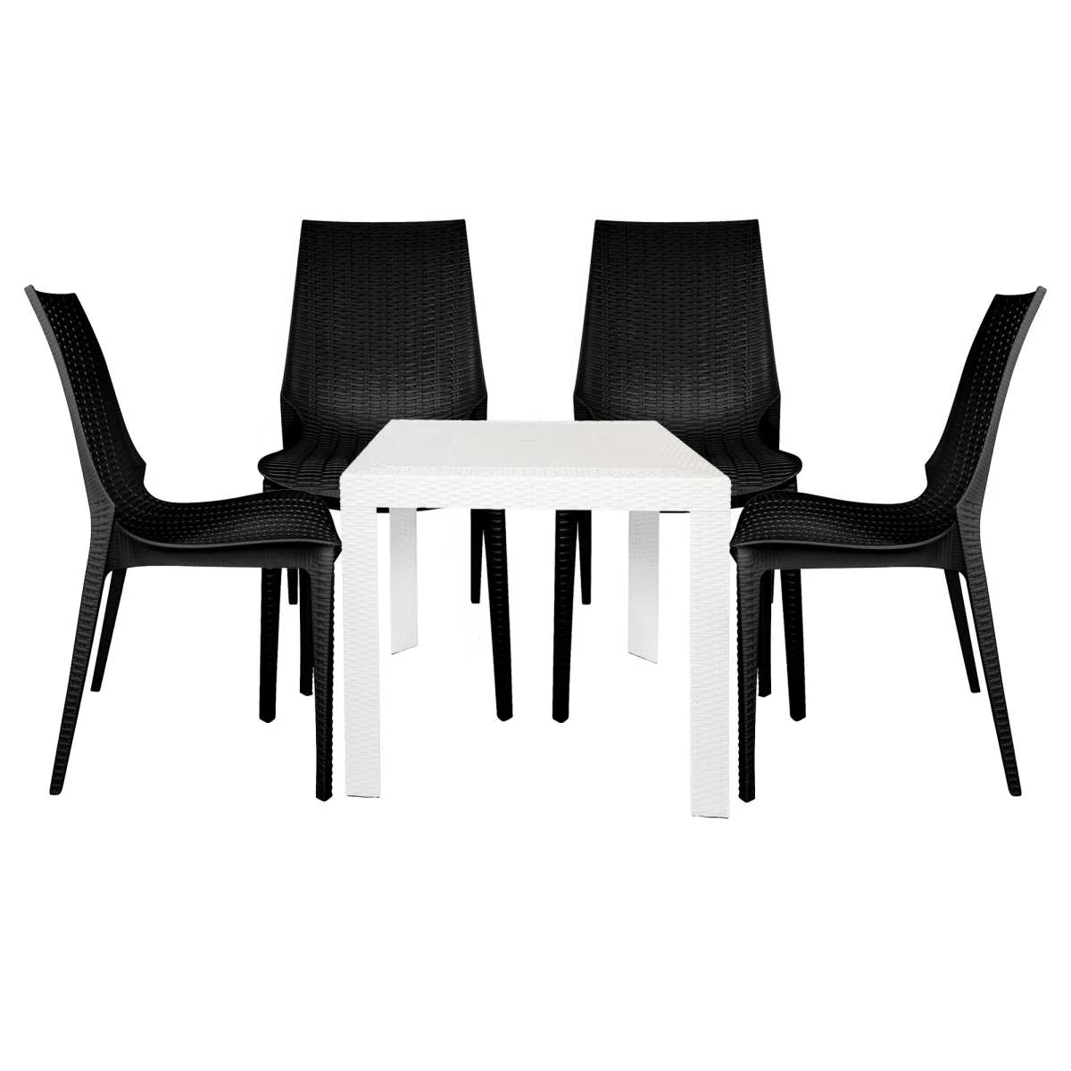 LeisureMod Kent 5-Piece Outdoor Dining Set with Plastic Square Table and 4 Stackable Chairs with Weave Design - Image 37