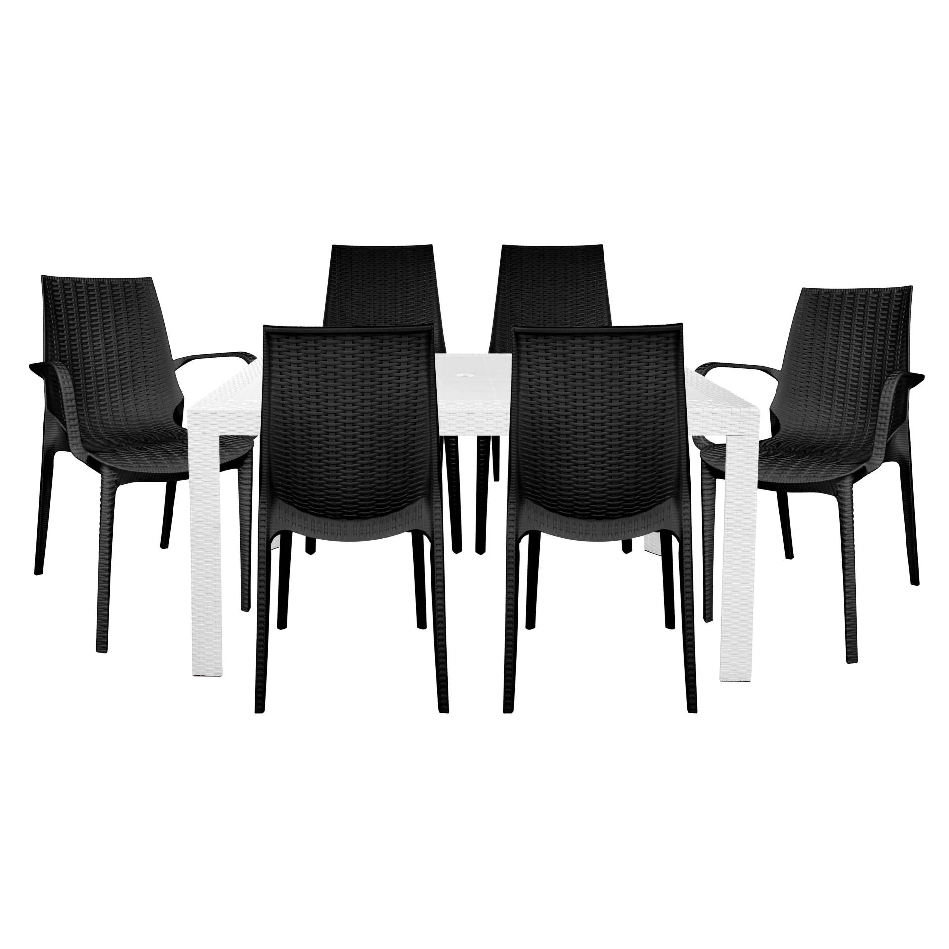 LeisureMod Kent Mid-Century 7-Piece Rectangular Outdoor Dining Set with 4 Side Chairs and 2 Armchairs - Image 43