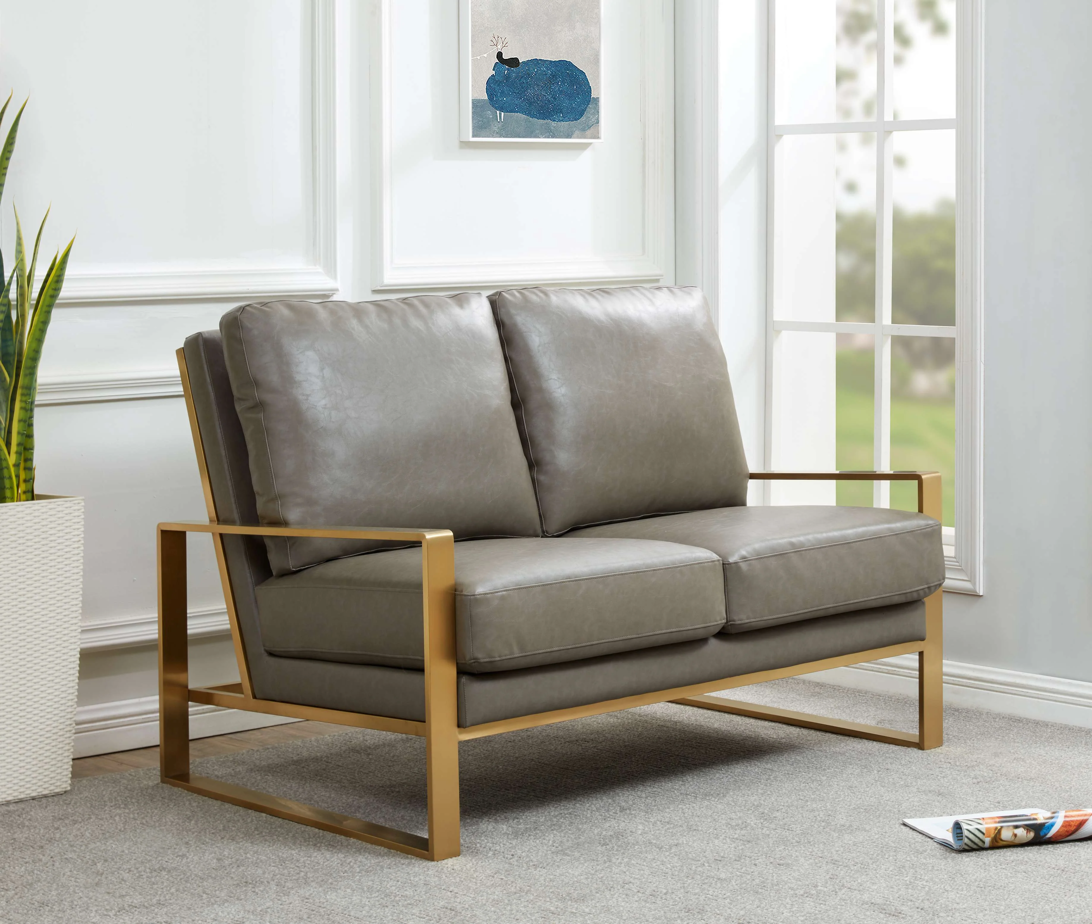 LeisureMod Leather Loveseat - Gold Frame - Black - Image 14