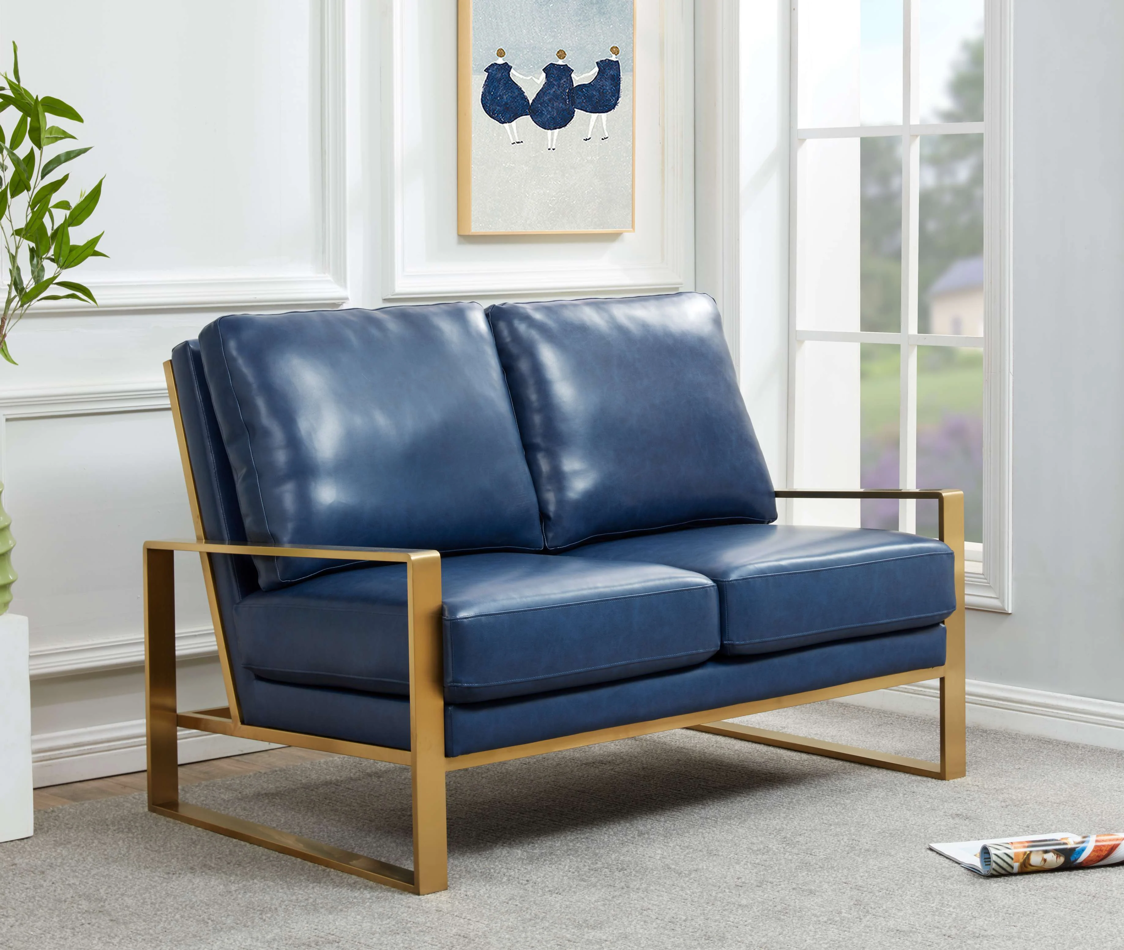 LeisureMod Leather Loveseat - Gold Frame - Black - Image 20
