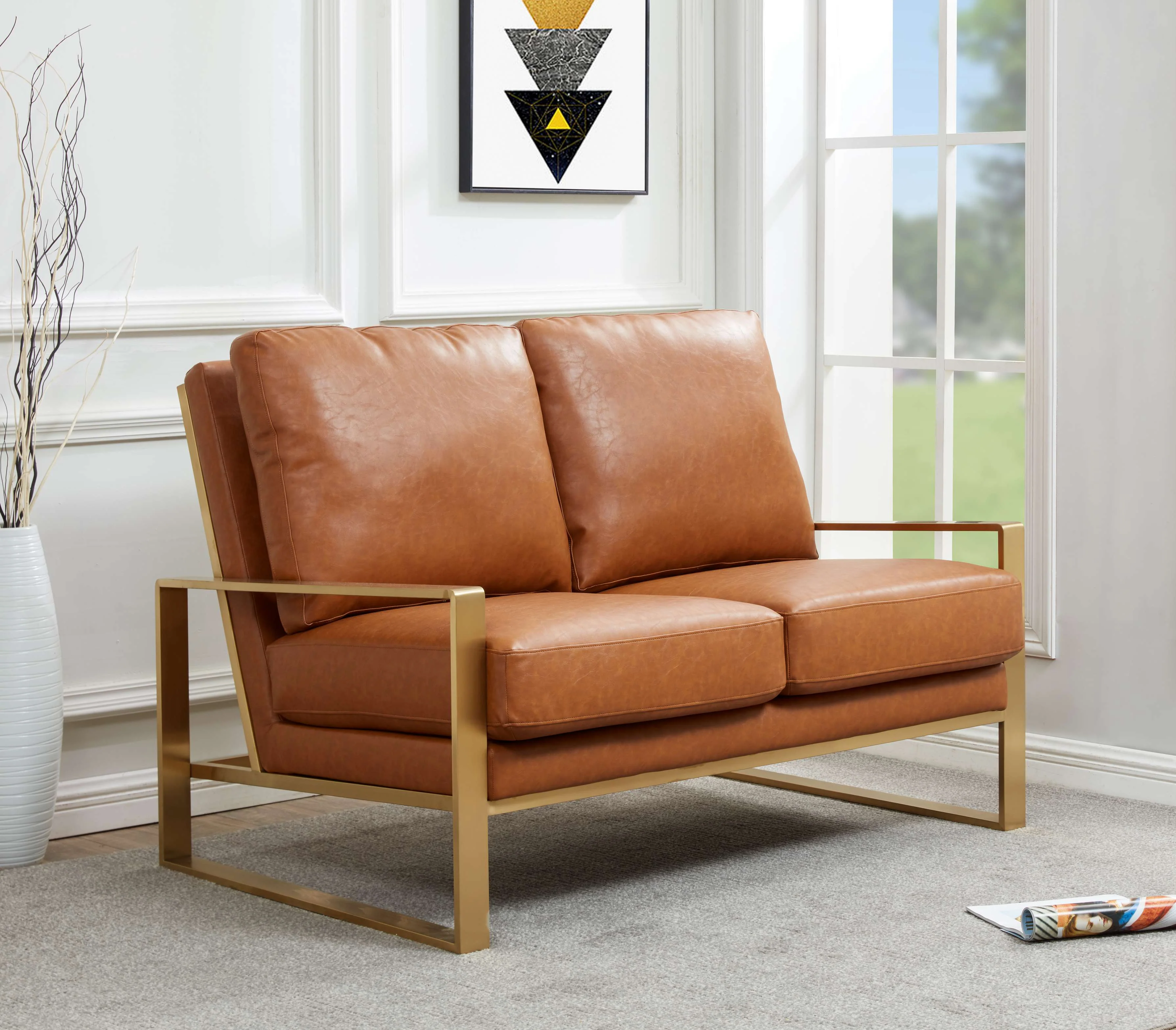 LeisureMod Leather Loveseat - Gold Frame - Black - Image 8