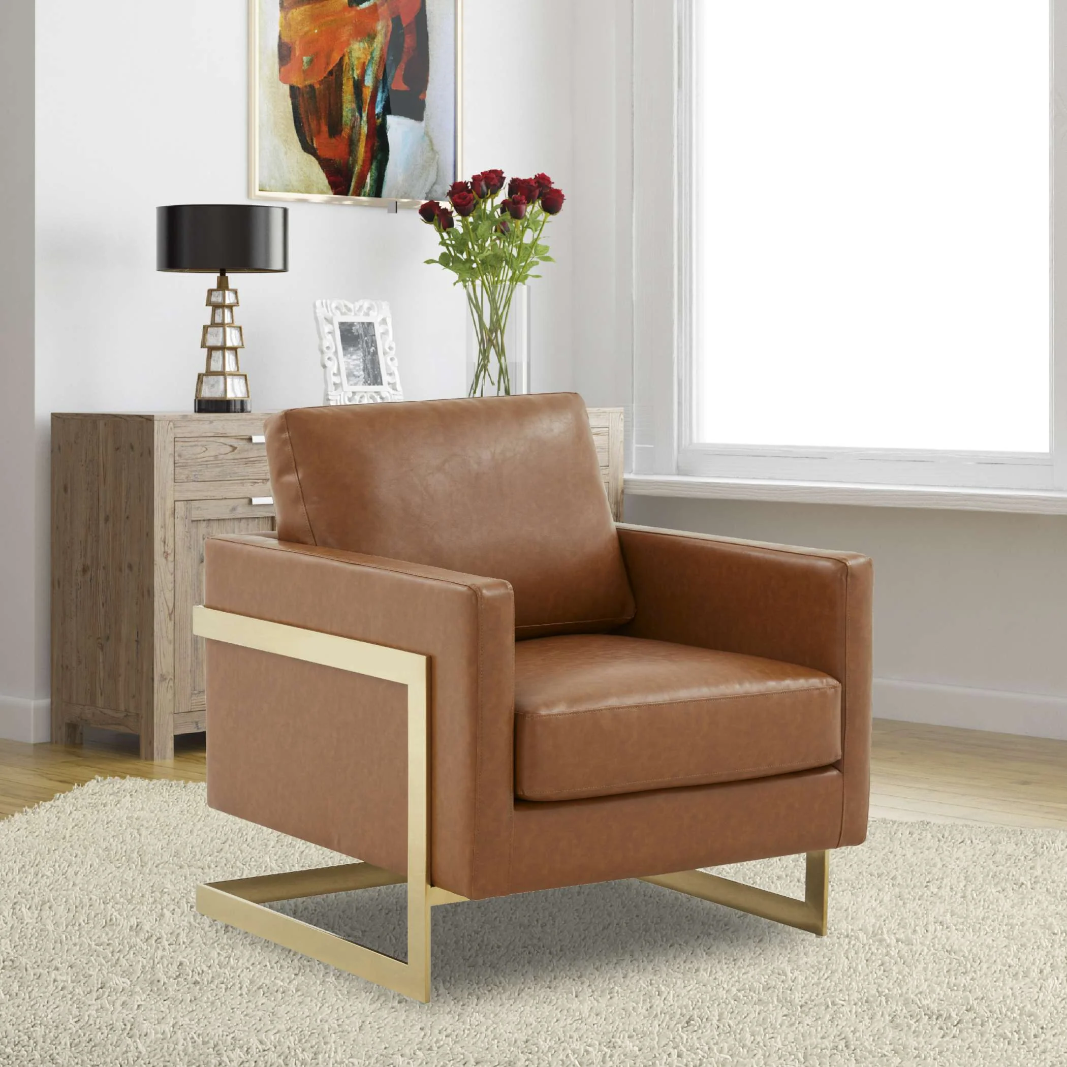 LeisureMod Lincoln Leather Accent Armchair With Gold Frame - Image 11