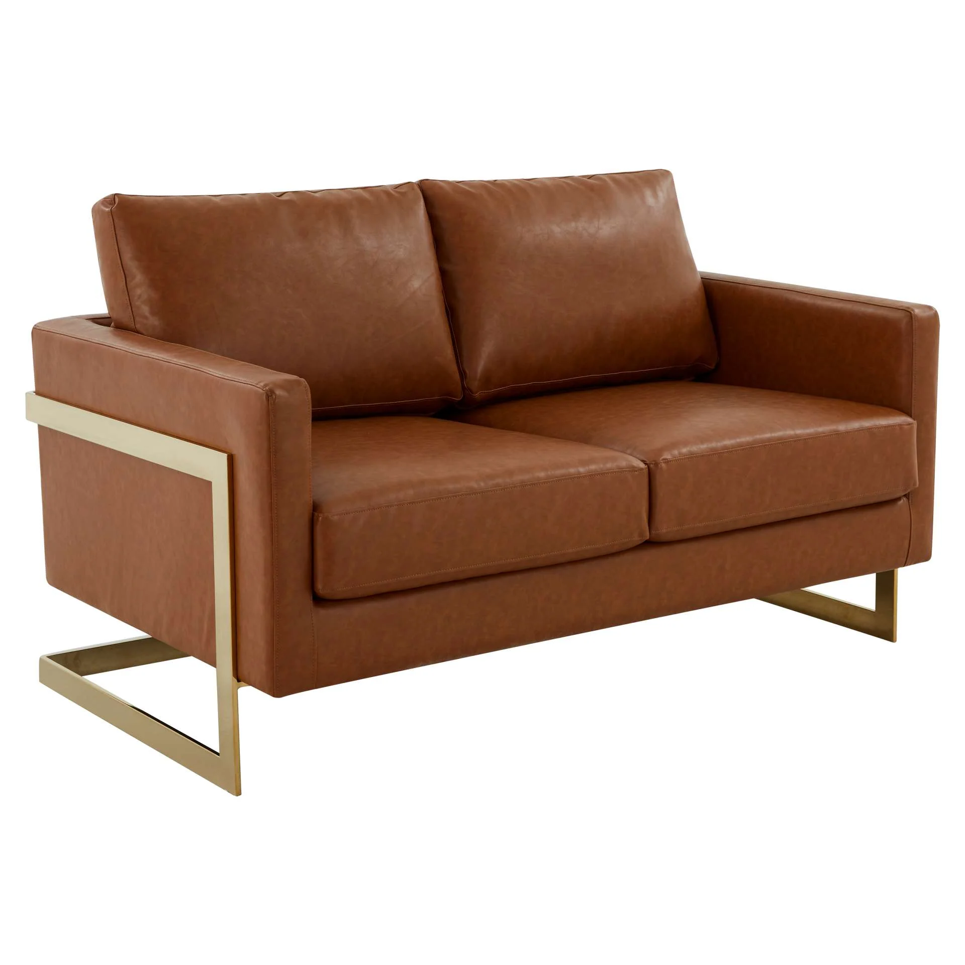 LeisureMod Lincoln Modern Mid-Century Upholstered Leather Loveseat with Gold Frame - Image 11