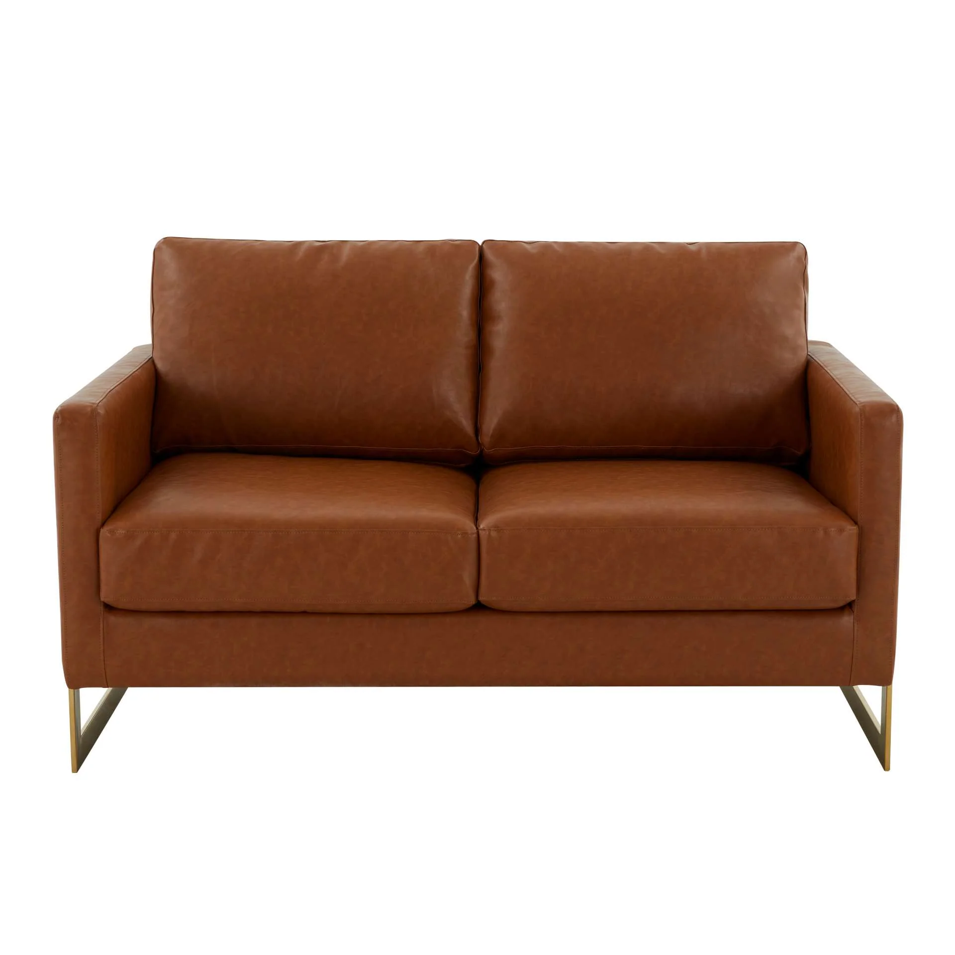 LeisureMod Lincoln Modern Mid-Century Upholstered Leather Loveseat with Gold Frame - Image 12