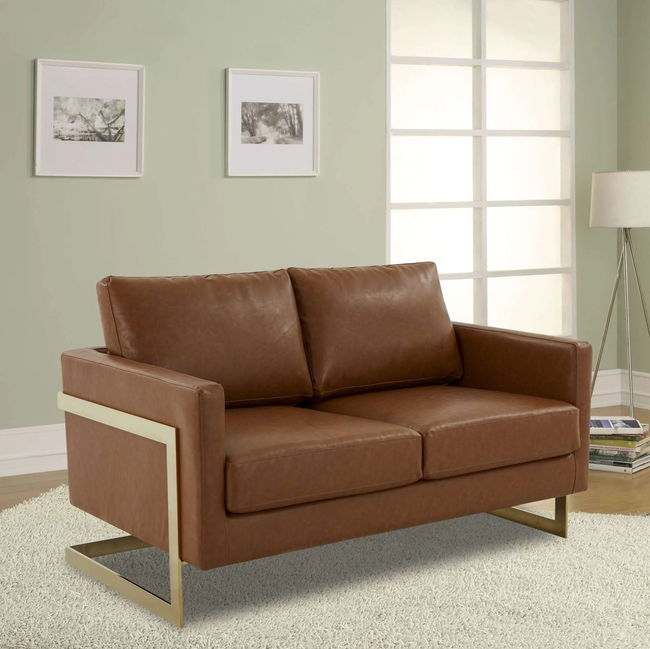 LeisureMod Lincoln Modern Mid-Century Upholstered Leather Loveseat with Gold Frame - Image 13