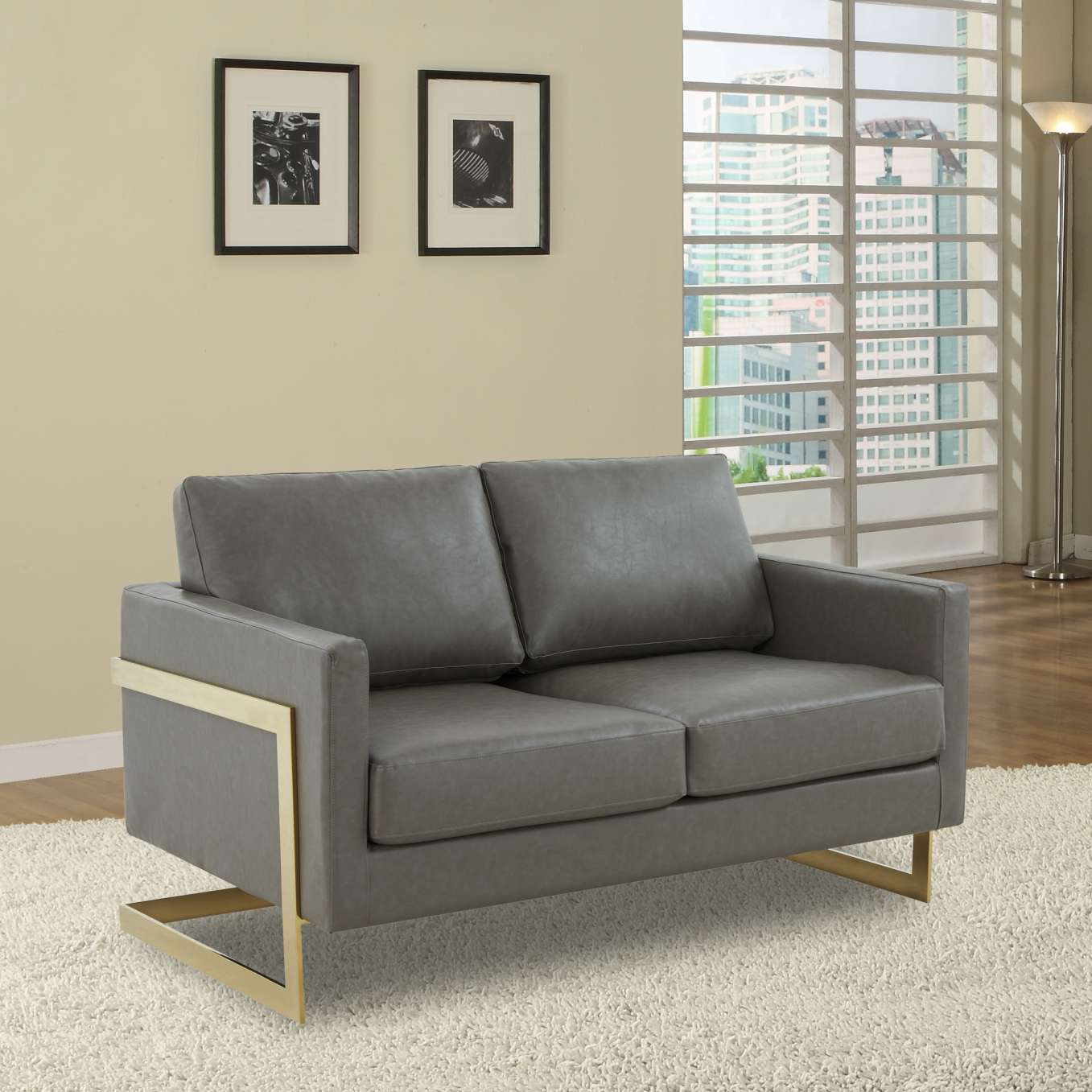 LeisureMod Lincoln Modern Mid-Century Upholstered Leather Loveseat with Gold Frame - Image 19