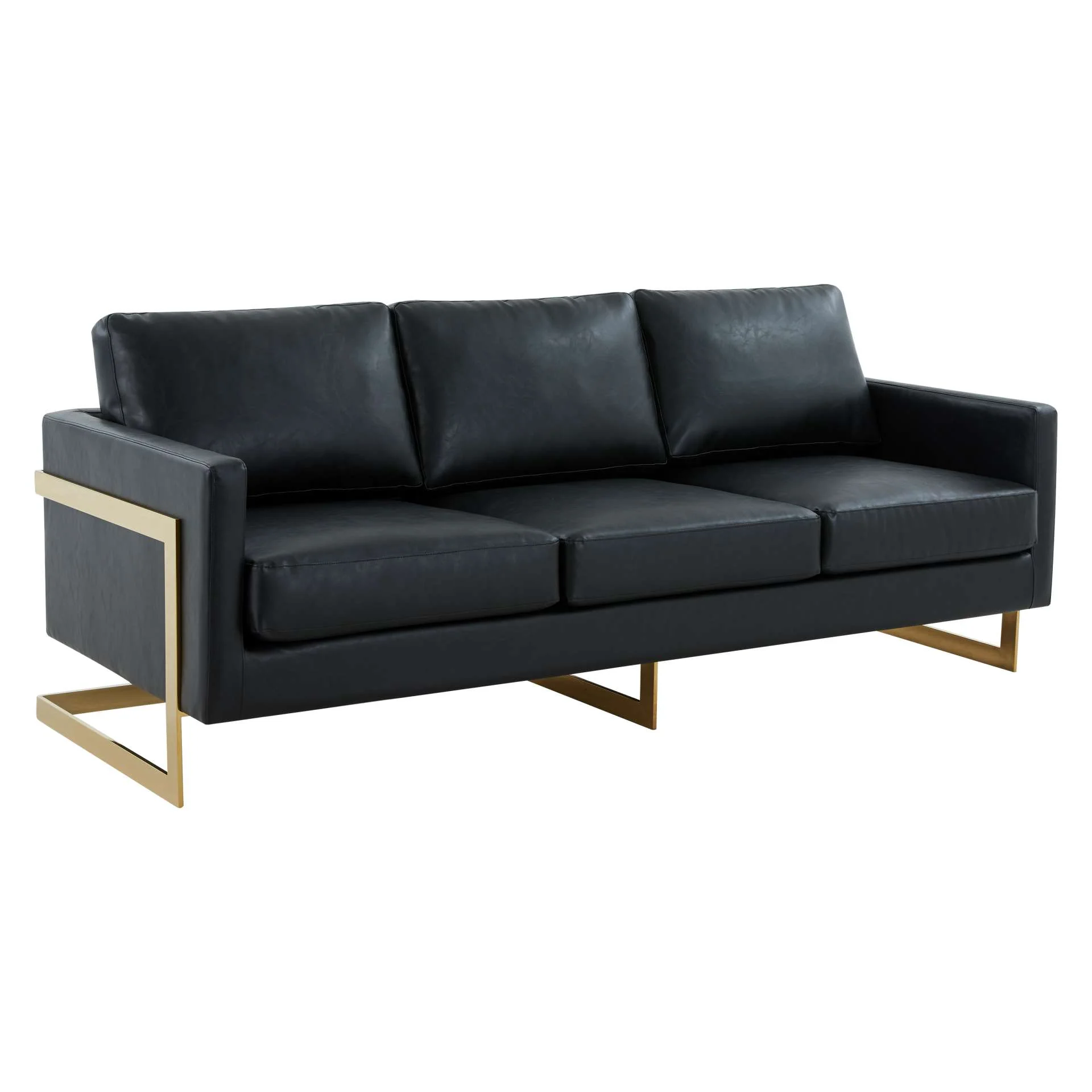 LeisureMod Lincoln Modern Mid-Century Upholstered Leather Sofa with Gold Frame - Image 2