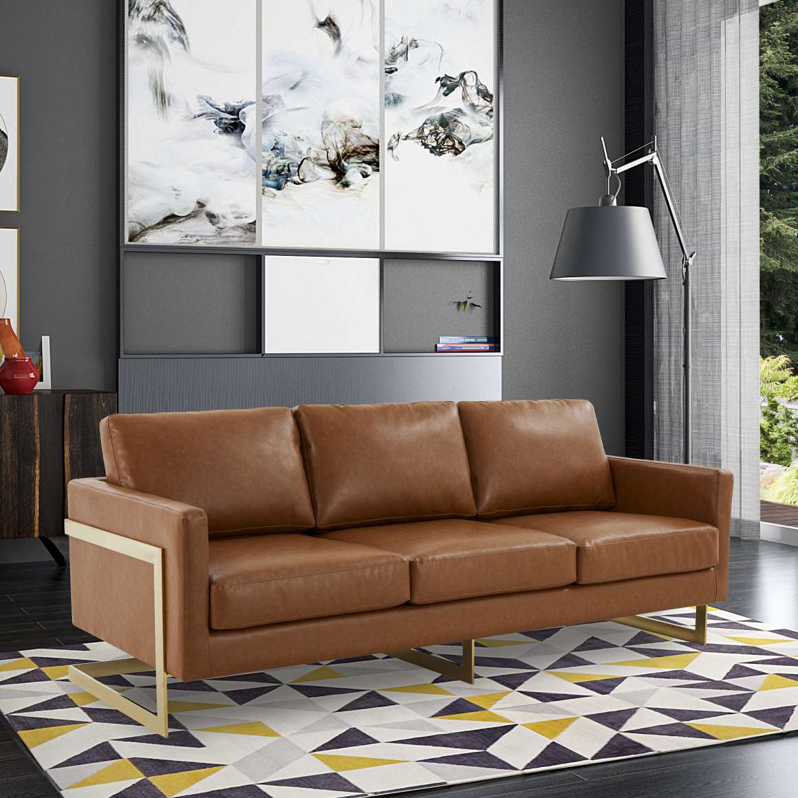 LeisureMod Lincoln Modern Mid-Century Upholstered Leather Sofa with Gold Frame - Image 9