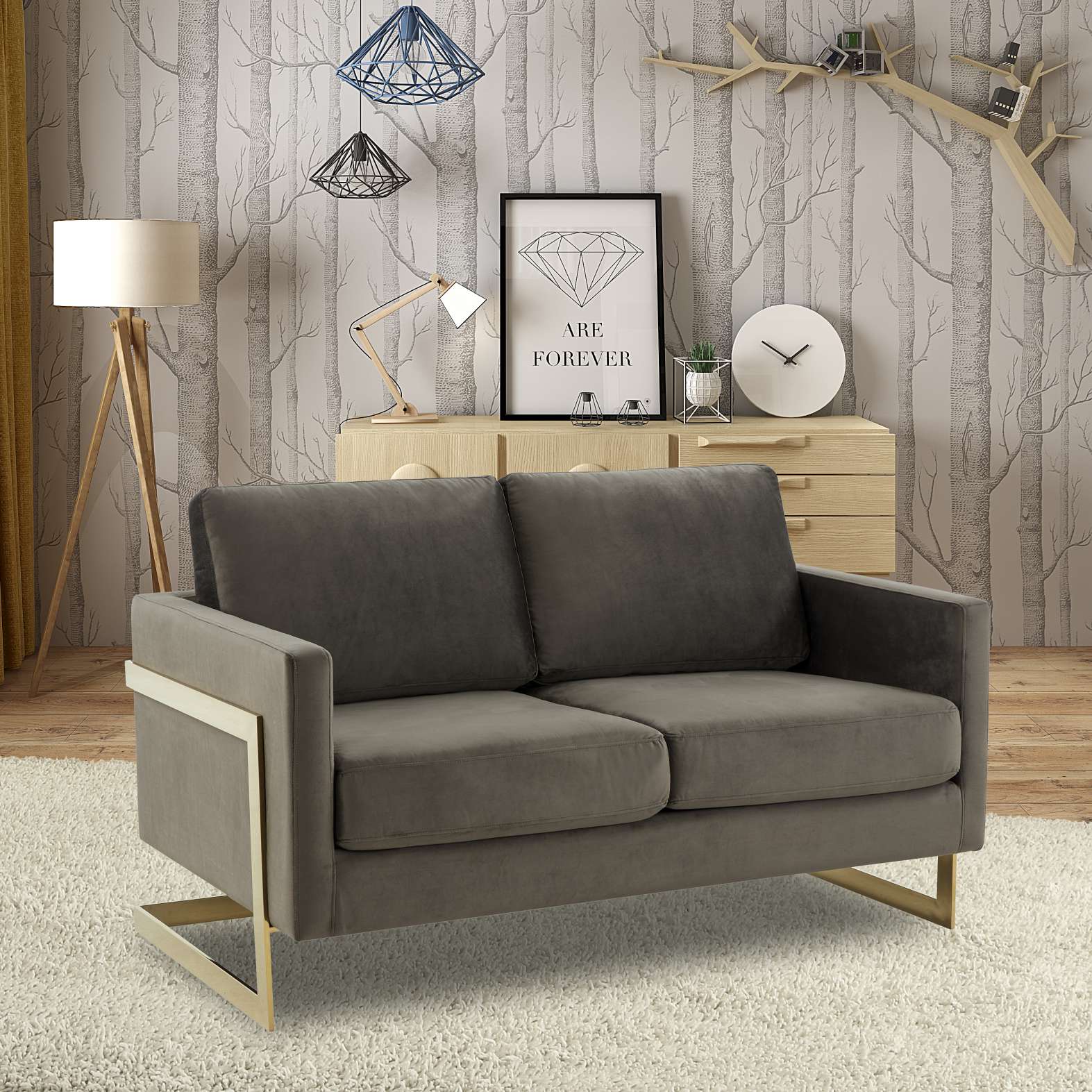 LeisureMod Lincoln Modern Mid-Century Upholstered Velvet Loveseat with Gold Frame - Image 19